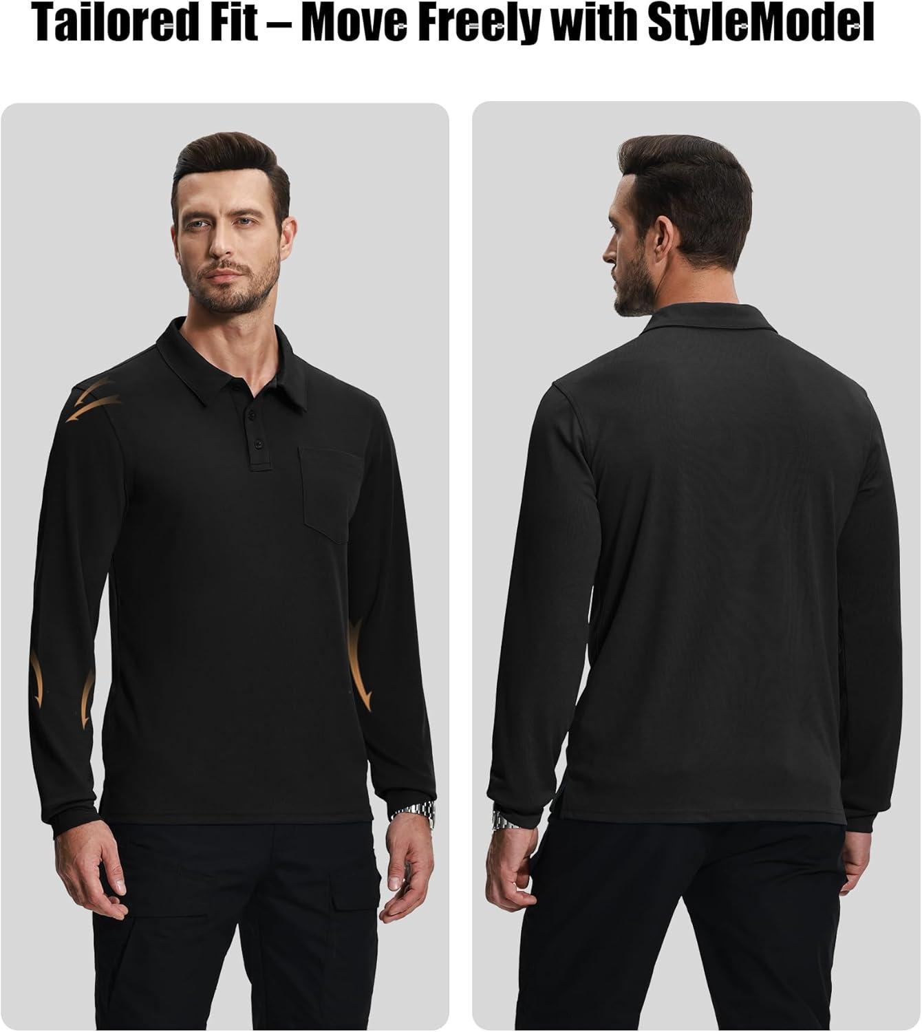 imageZITY 3 Pack Long Sleeve Polo Shirts for Men with Pocket Moisture Wicking Outdoor Workwear Office Casual Collared Shirts FallBlackarmydark Teal Blue