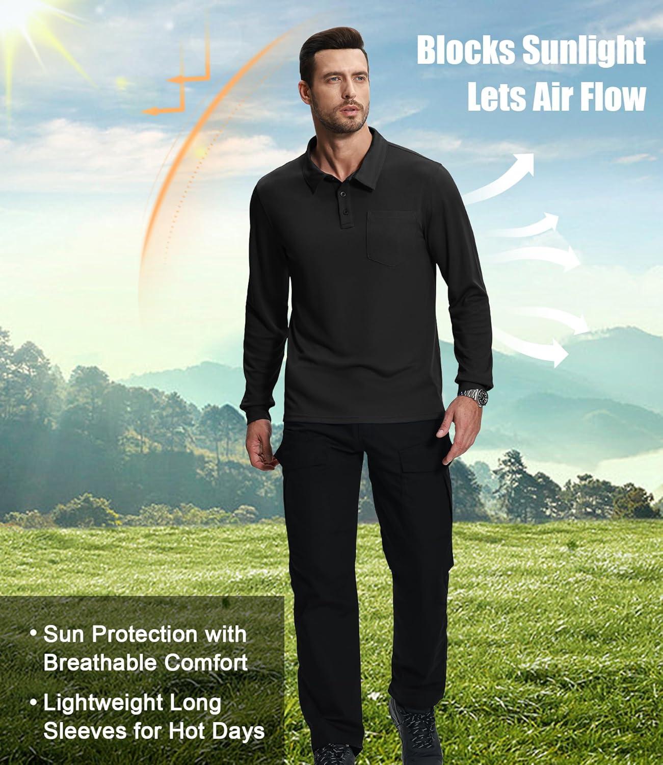imageZITY 3 Pack Long Sleeve Polo Shirts for Men with Pocket Moisture Wicking Outdoor Workwear Office Casual Collared Shirts FallBlackarmydark Teal Blue