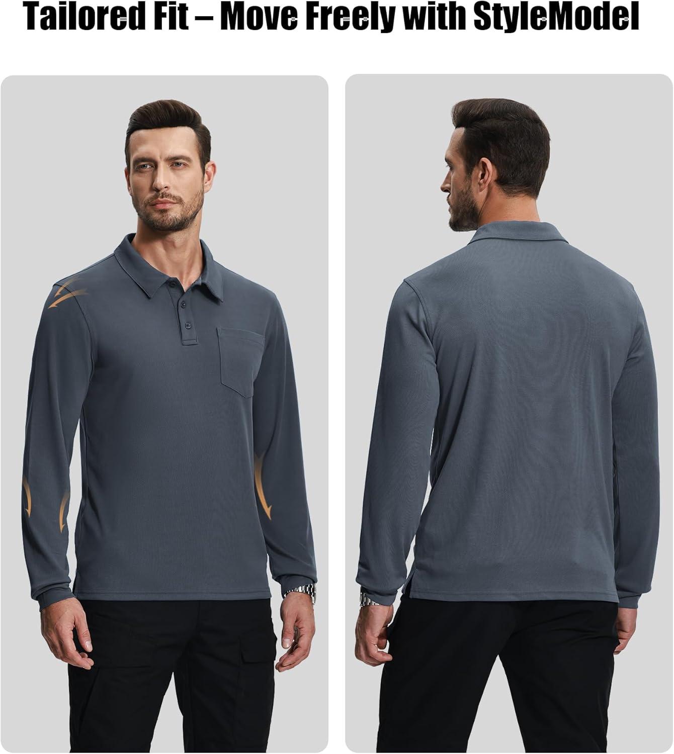imageZITY 3 Pack Long Sleeve Polo Shirts for Men with Pocket Moisture Wicking Outdoor Workwear Office Casual Collared Shirts FallBlackgreynavy
