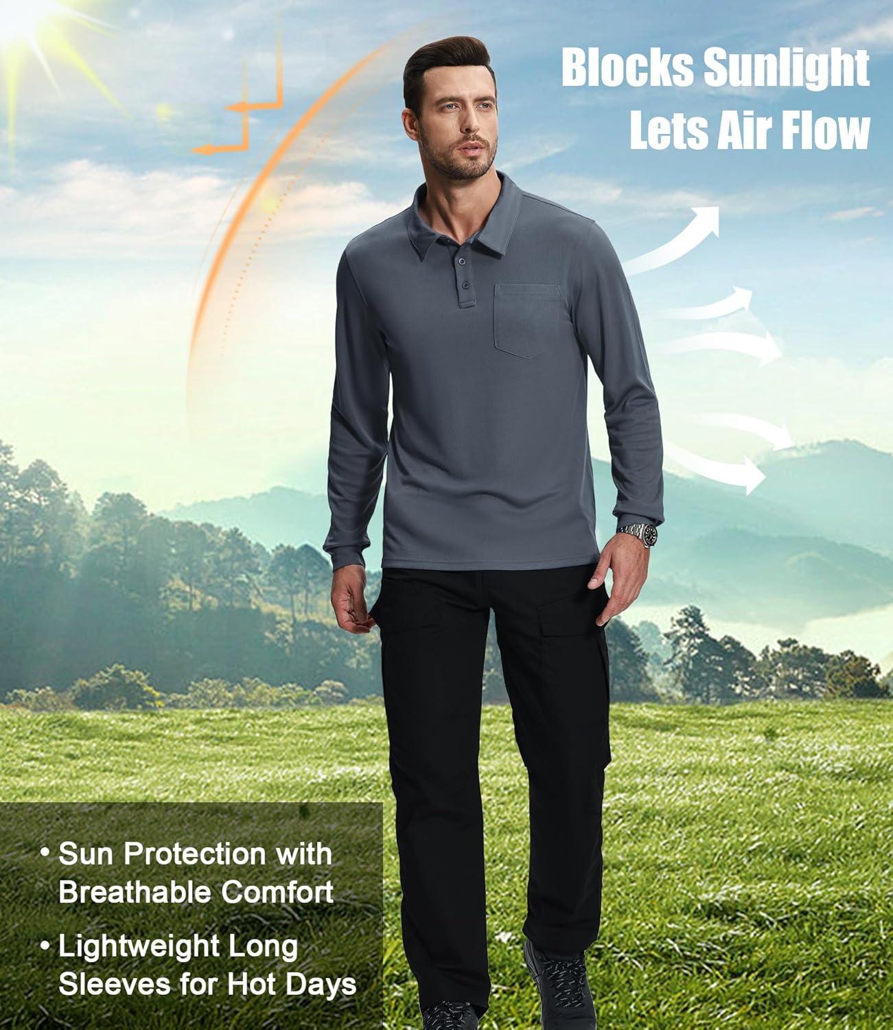 imageZITY 3 Pack Long Sleeve Polo Shirts for Men with Pocket Moisture Wicking Outdoor Workwear Office Casual Collared Shirts FallBlackgreynavy