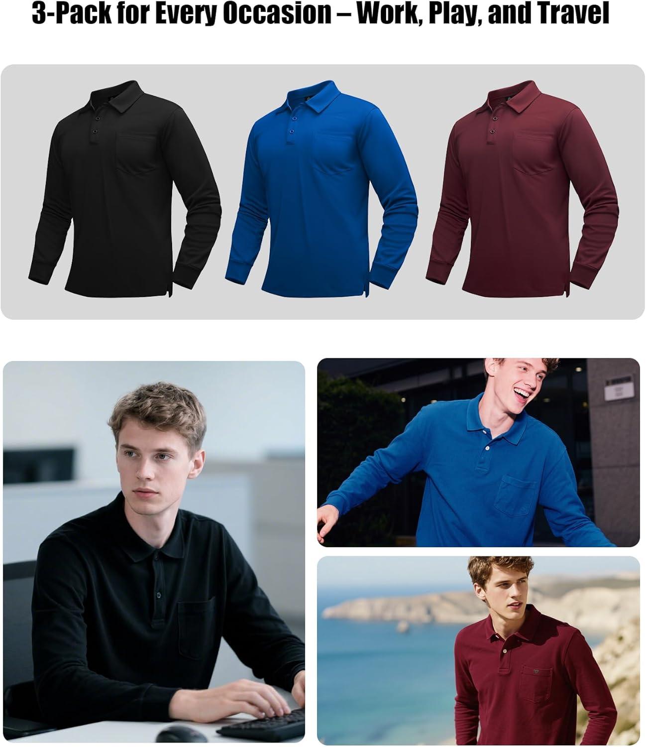 imageZITY 3 Pack Long Sleeve Polo Shirts for Men with Pocket Moisture Wicking Outdoor Workwear Office Casual Collared Shirts FallBlackkhakiarmy Green