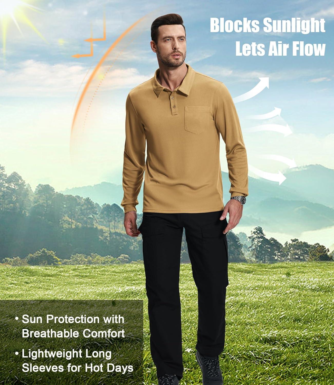 imageZITY 3 Pack Long Sleeve Polo Shirts for Men with Pocket Moisture Wicking Outdoor Workwear Office Casual Collared Shirts FallBlackkhakiarmy Green