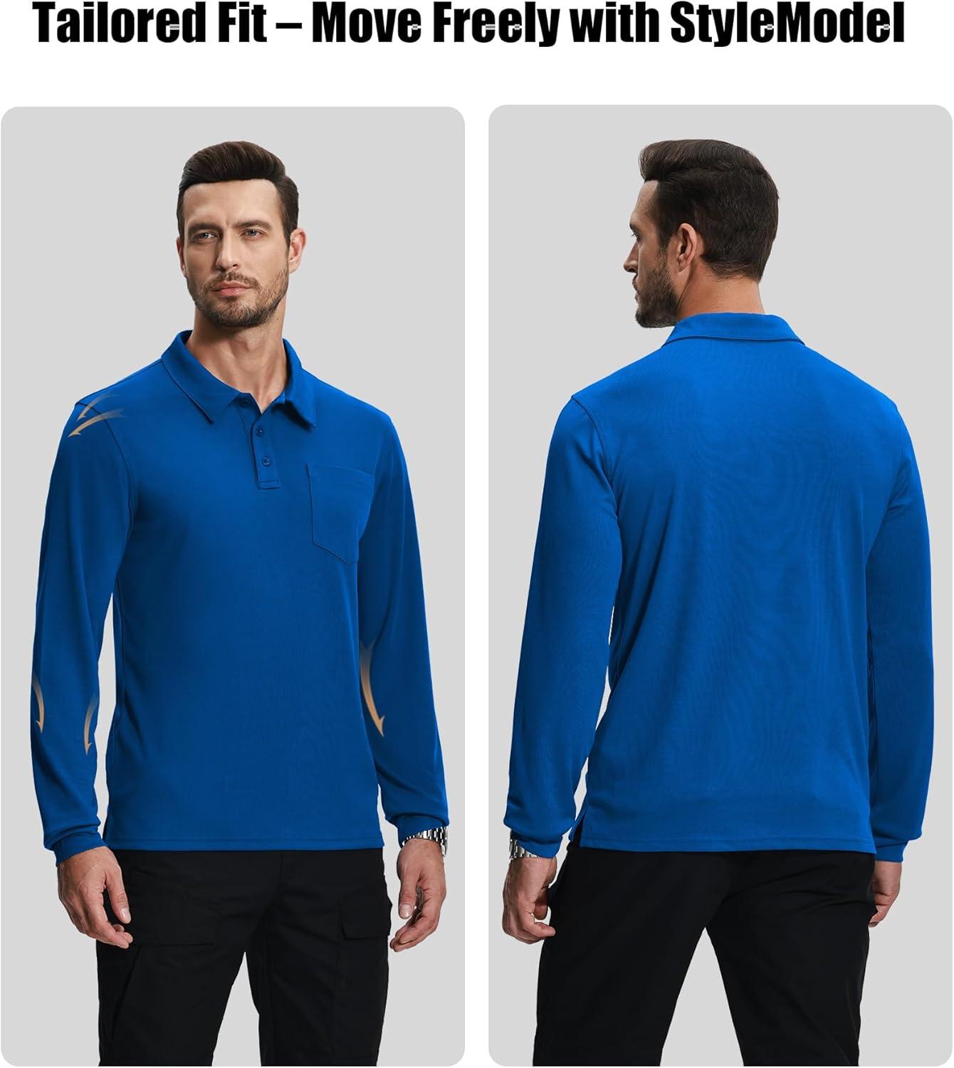 imageZITY 3 Pack Long Sleeve Polo Shirts for Men with Pocket Moisture Wicking Outdoor Workwear Office Casual Collared Shirts FallBlackroyal Bluedark Teal Blue