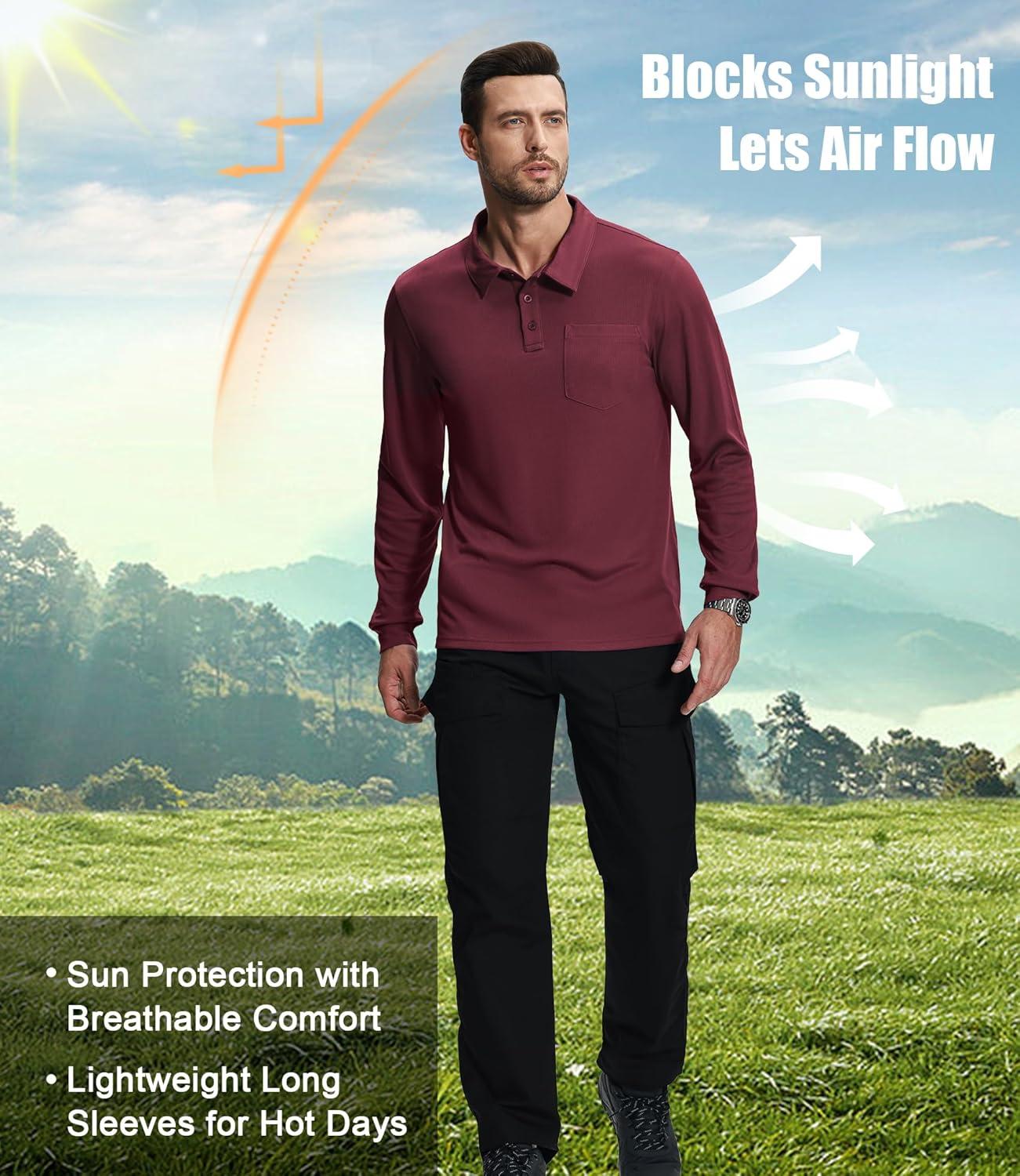 imageZITY 3 Pack Long Sleeve Polo Shirts for Men with Pocket Moisture Wicking Outdoor Workwear Office Casual Collared Shirts FallBlackwine Redroyal Blue