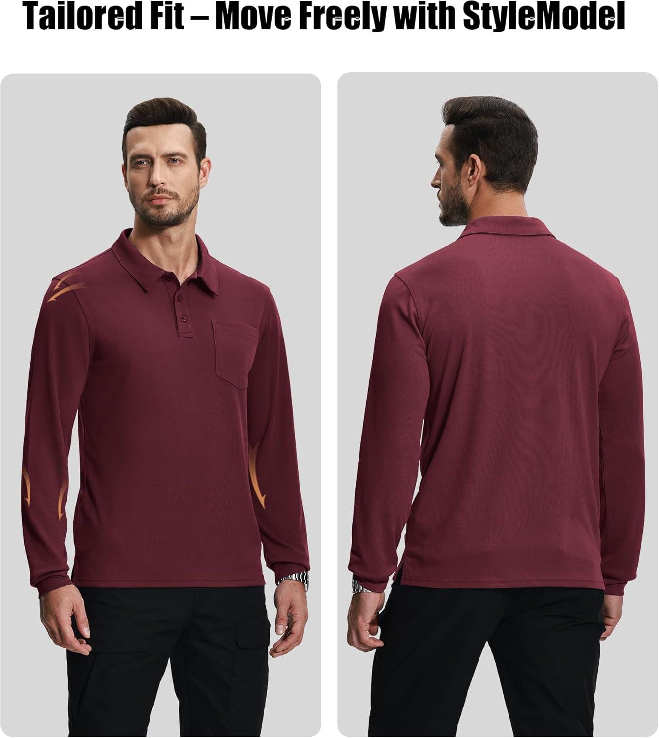 imageZITY 3 Pack Long Sleeve Polo Shirts for Men with Pocket Moisture Wicking Outdoor Workwear Office Casual Collared Shirts FallBlackwine Redroyal Blue