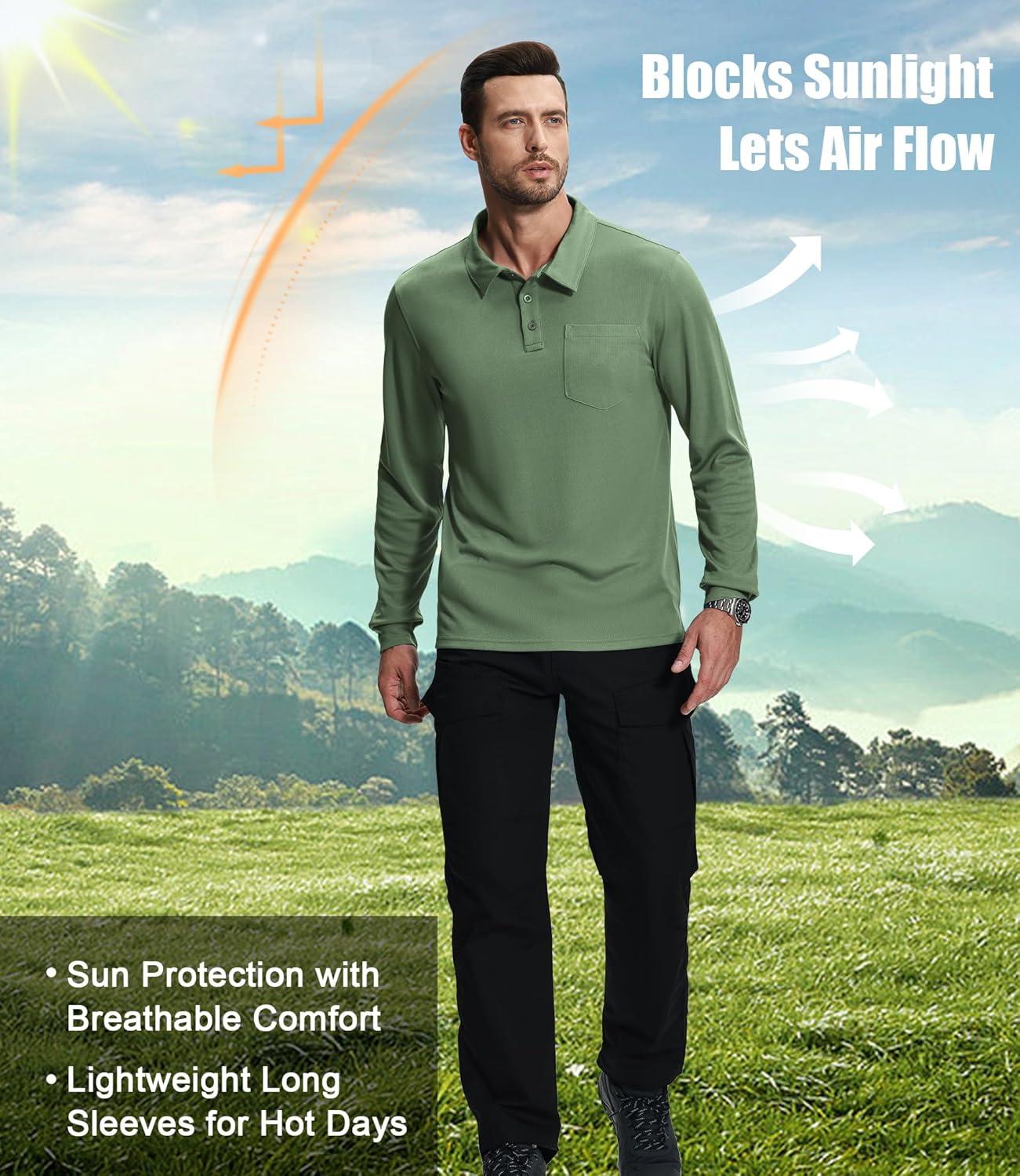 imageZITY 3 Pack Long Sleeve Polo Shirts for Men with Pocket Moisture Wicking Outdoor Workwear Office Casual Collared Shirts FallGreyarmy Greennavy