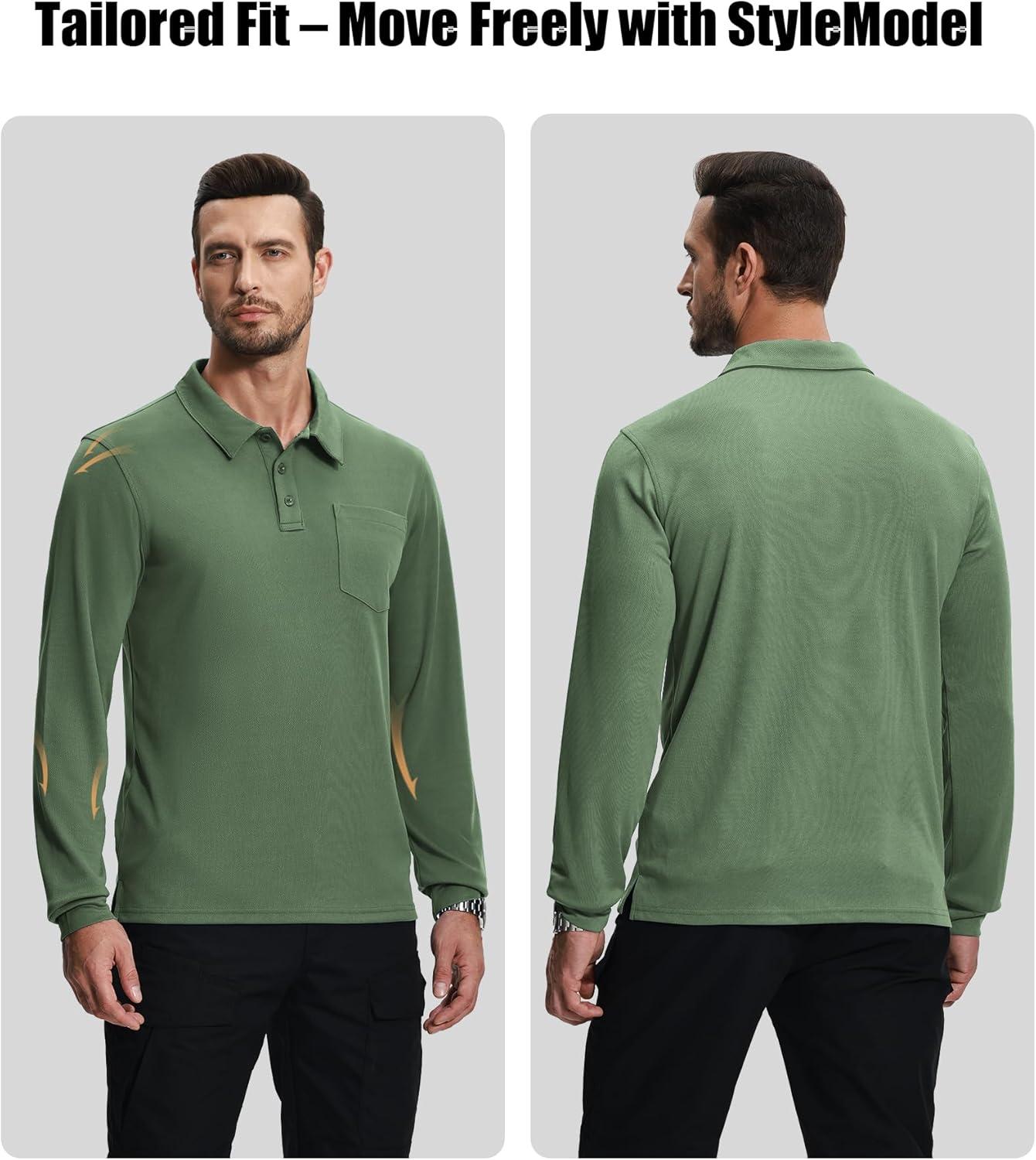 imageZITY 3 Pack Long Sleeve Polo Shirts for Men with Pocket Moisture Wicking Outdoor Workwear Office Casual Collared Shirts FallGreyarmy Greennavy