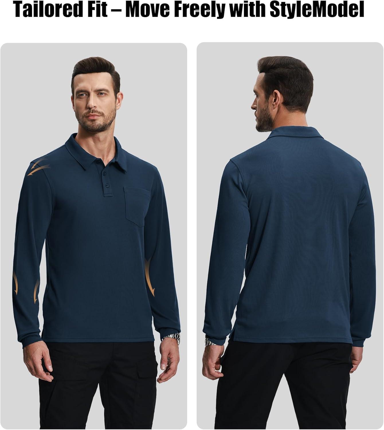 imageZITY 3 Pack Long Sleeve Polo Shirts for Men with Pocket Moisture Wicking Outdoor Workwear Office Casual Collared Shirts FallGreywine Rednavy