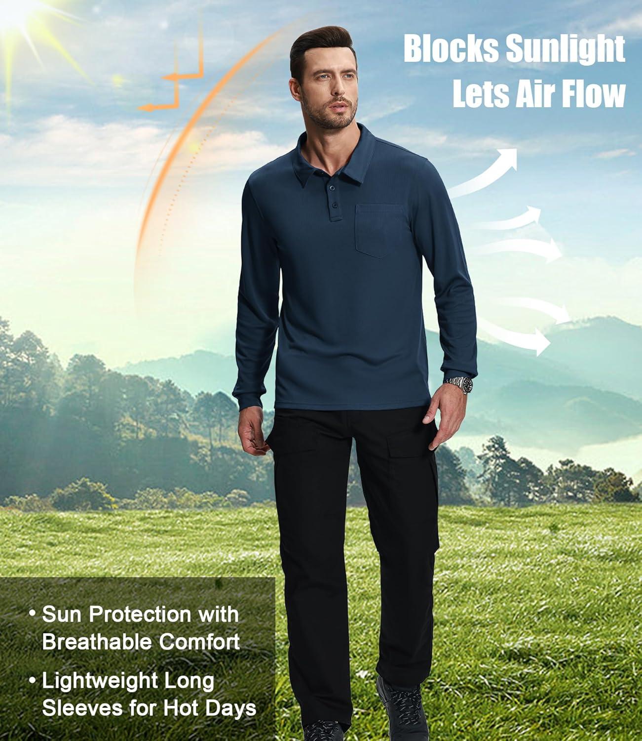imageZITY 3 Pack Long Sleeve Polo Shirts for Men with Pocket Moisture Wicking Outdoor Workwear Office Casual Collared Shirts FallGreywine Rednavy