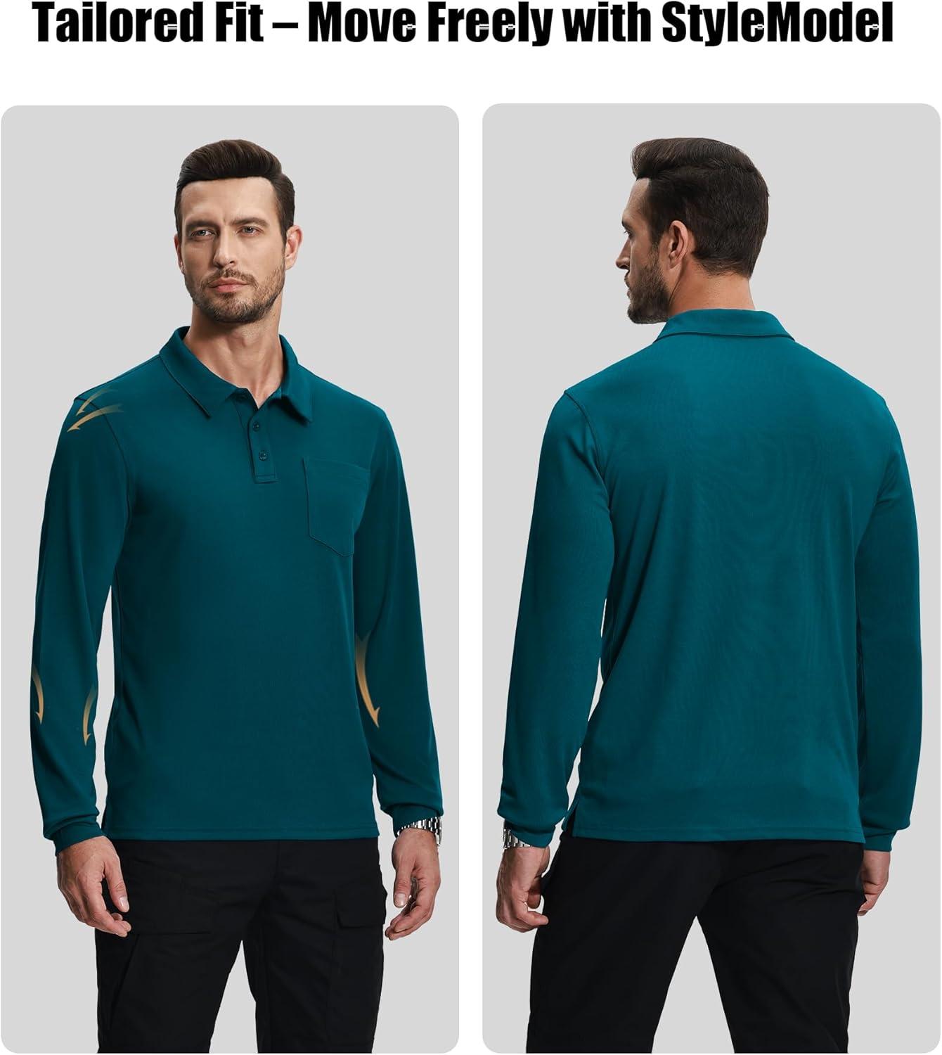 imageZITY 3 Pack Long Sleeve Polo Shirts for Men with Pocket Moisture Wicking Outdoor Workwear Office Casual Collared Shirts FallNavygreydark Teal Blue