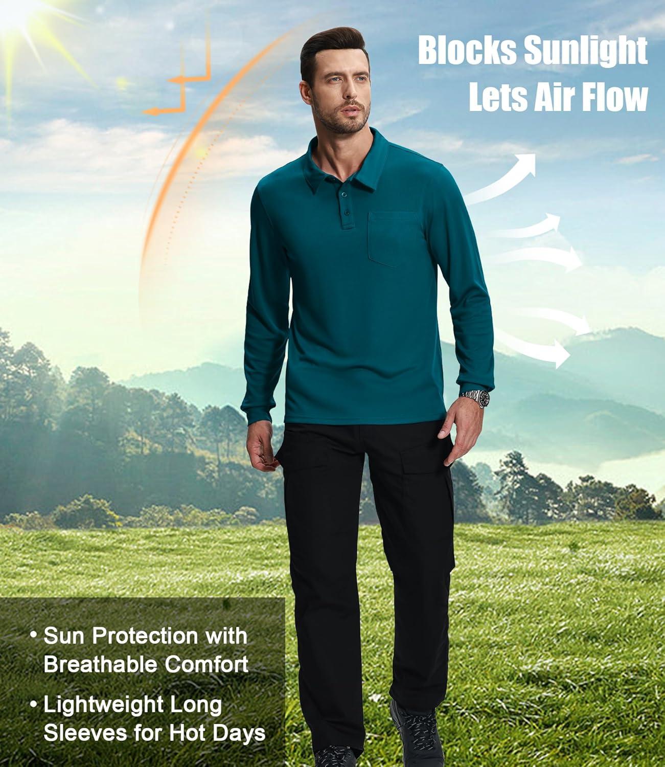 imageZITY 3 Pack Long Sleeve Polo Shirts for Men with Pocket Moisture Wicking Outdoor Workwear Office Casual Collared Shirts FallNavygreydark Teal Blue
