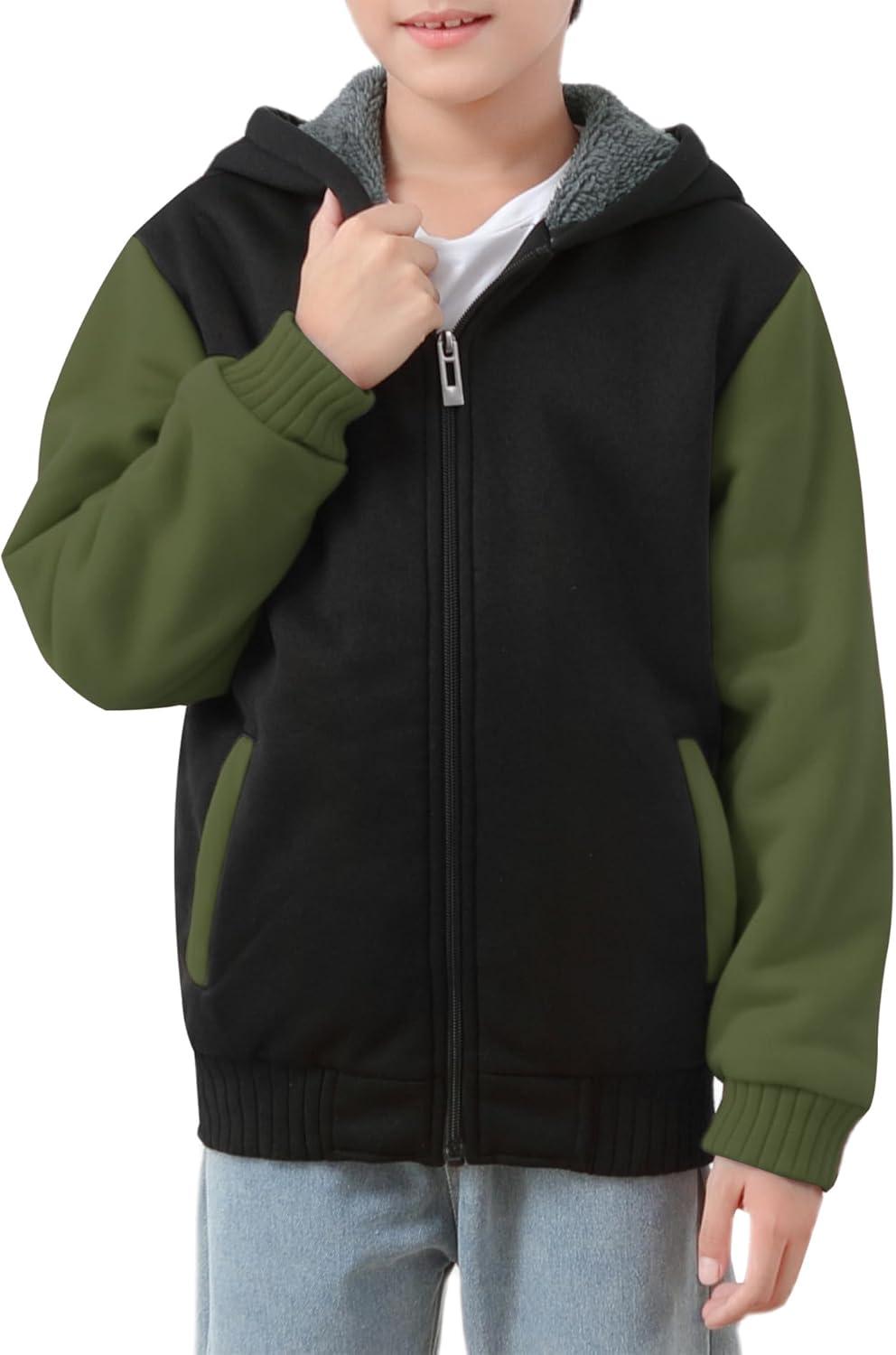 imageZITY Boys Zip Up Hoodie Fleece Jacket Kids Sherpa Lined Sweatshirts Outerwear Unisex Warm Winter Coat 615 Years OldArmy Green