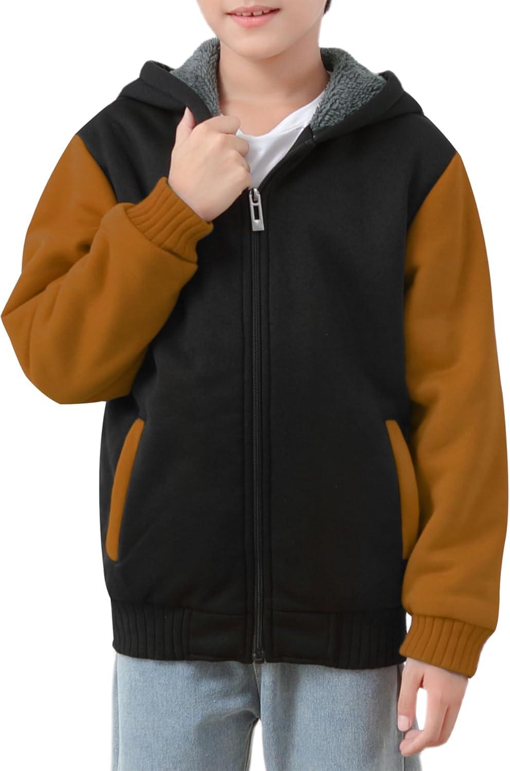imageZITY Boys Zip Up Hoodie Fleece Jacket Kids Sherpa Lined Sweatshirts Outerwear Unisex Warm Winter Coat 615 Years OldBlack Brown