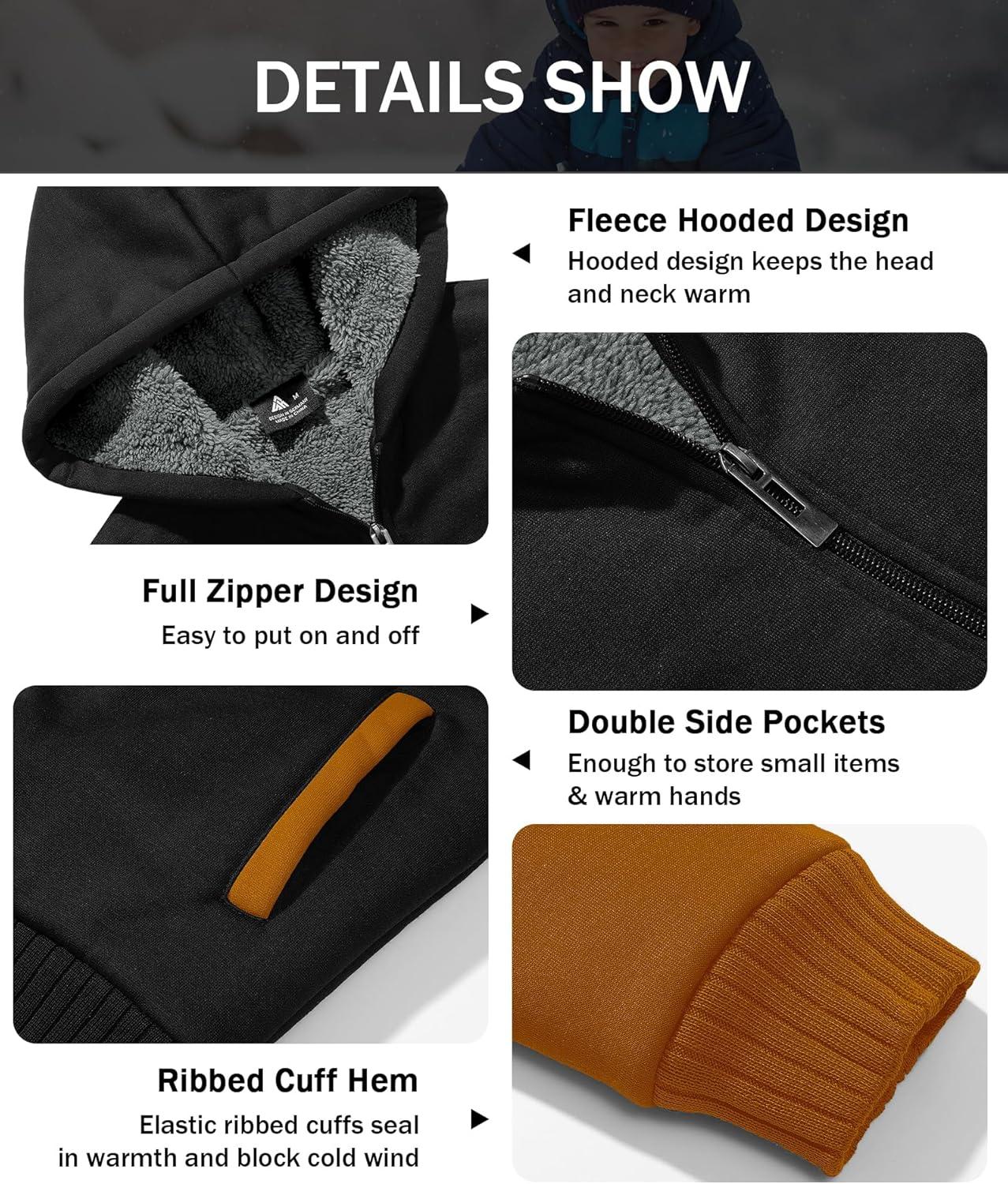 imageZITY Boys Zip Up Hoodie Fleece Jacket Kids Sherpa Lined Sweatshirts Outerwear Unisex Warm Winter Coat 615 Years OldBlack Brown