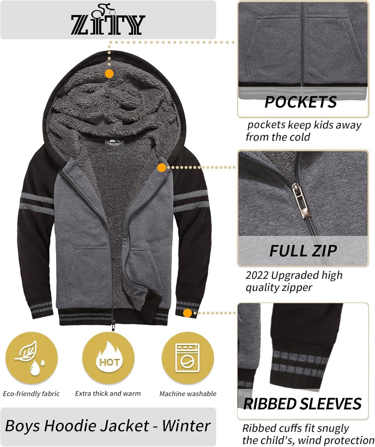 imageZITY Boys Zip Up Hoodie Fleece Jacket Kids Sherpa Lined Sweatshirts Outerwear Unisex Warm Winter Coat 615 Years OldBlack Grey