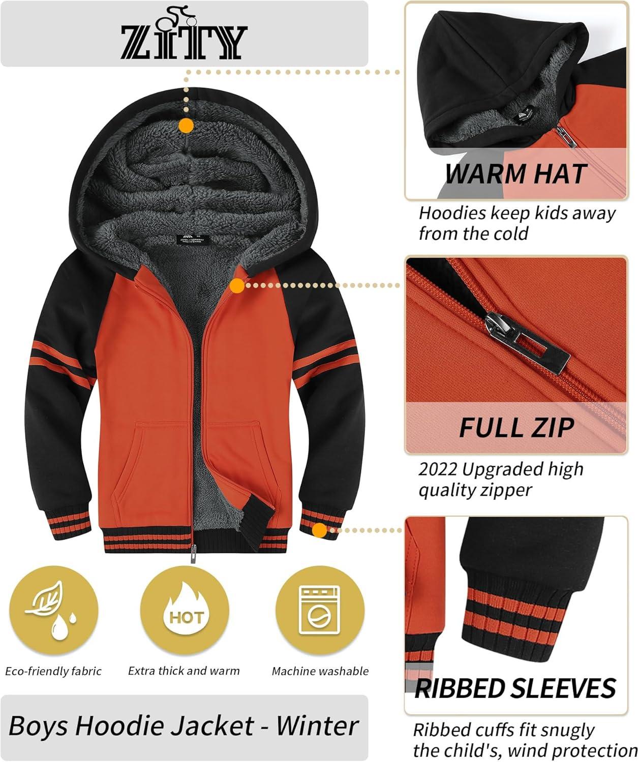 imageZITY Boys Zip Up Hoodie Fleece Jacket Kids Sherpa Lined Sweatshirts Outerwear Unisex Warm Winter Coat 615 Years OldBlack Orange