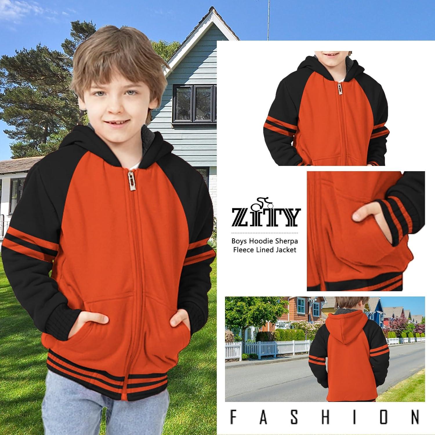 imageZITY Boys Zip Up Hoodie Fleece Jacket Kids Sherpa Lined Sweatshirts Outerwear Unisex Warm Winter Coat 615 Years OldBlack Orange