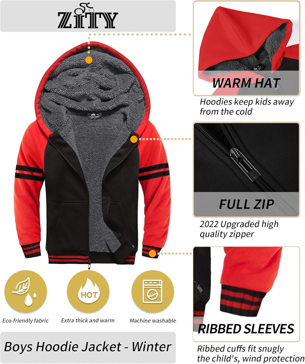imageZITY Boys Zip Up Hoodie Fleece Jacket Kids Sherpa Lined Sweatshirts Outerwear Unisex Warm Winter Coat 615 Years OldBlack Red