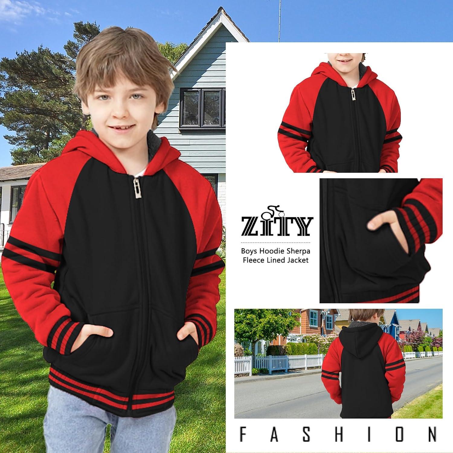 imageZITY Boys Zip Up Hoodie Fleece Jacket Kids Sherpa Lined Sweatshirts Outerwear Unisex Warm Winter Coat 615 Years OldBlack Red