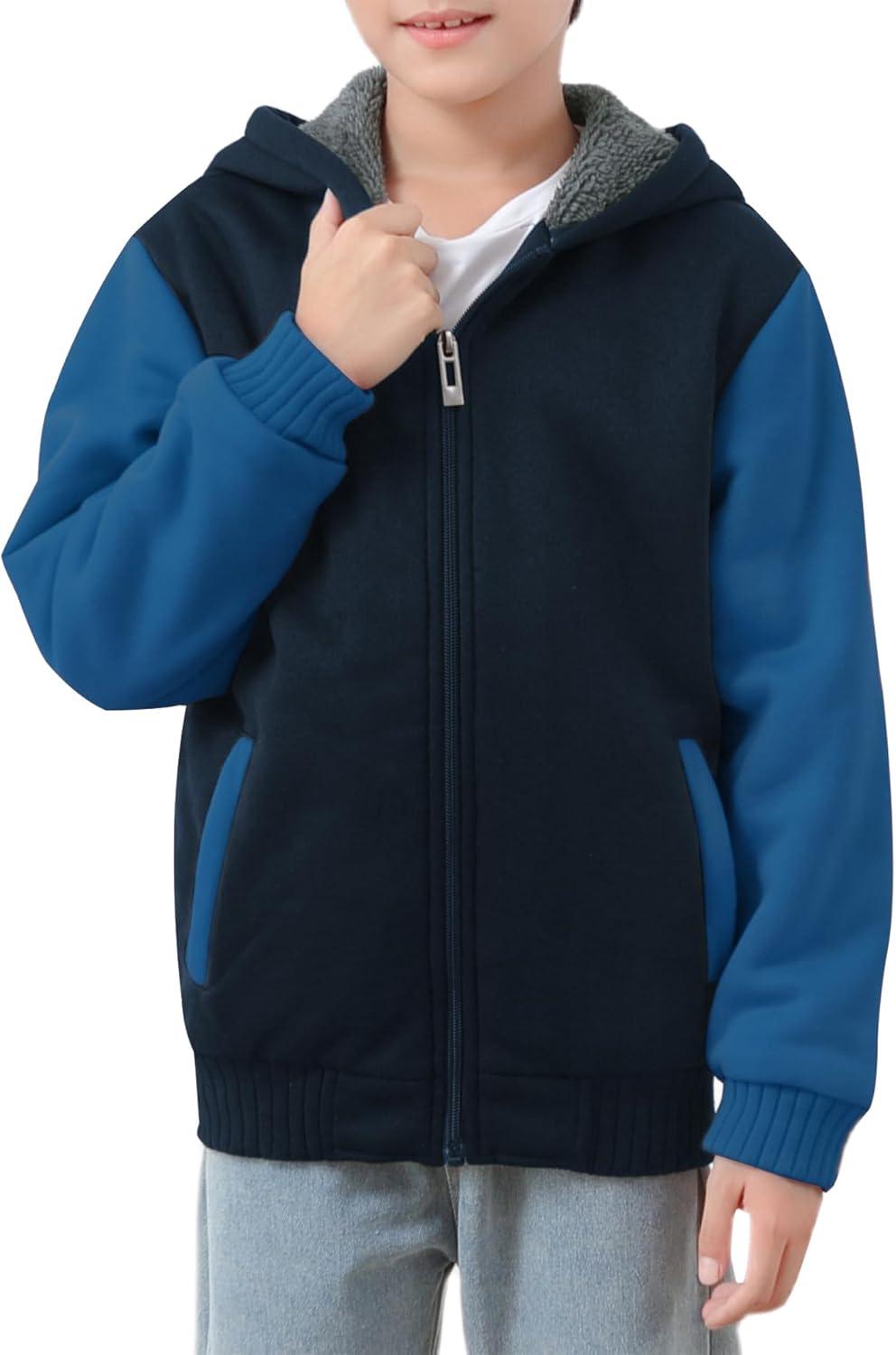 imageZITY Boys Zip Up Hoodie Fleece Jacket Kids Sherpa Lined Sweatshirts Outerwear Unisex Warm Winter Coat 615 Years OldBlue Black
