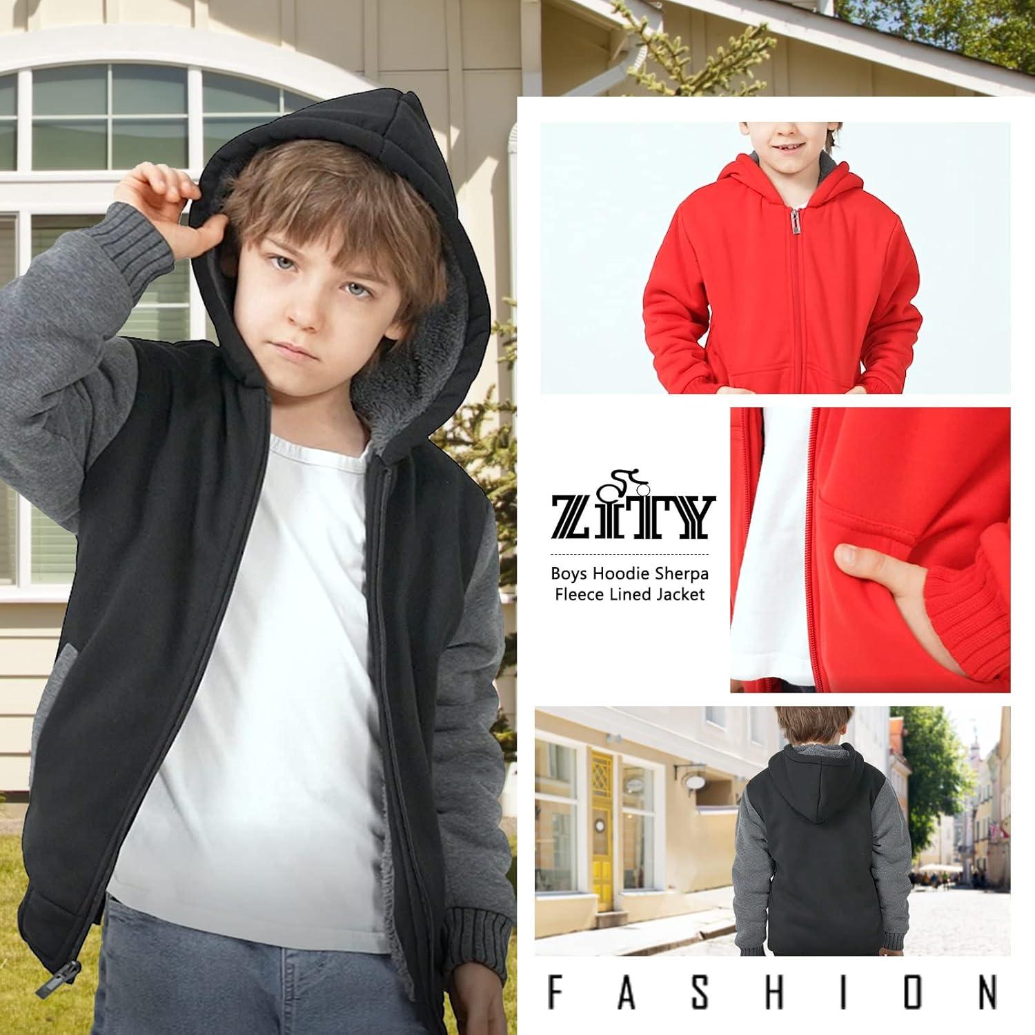 imageZITY Boys Zip Up Hoodie Fleece Jacket Kids Sherpa Lined Sweatshirts Outerwear Unisex Warm Winter Coat 615 Years OldDark Black Grey