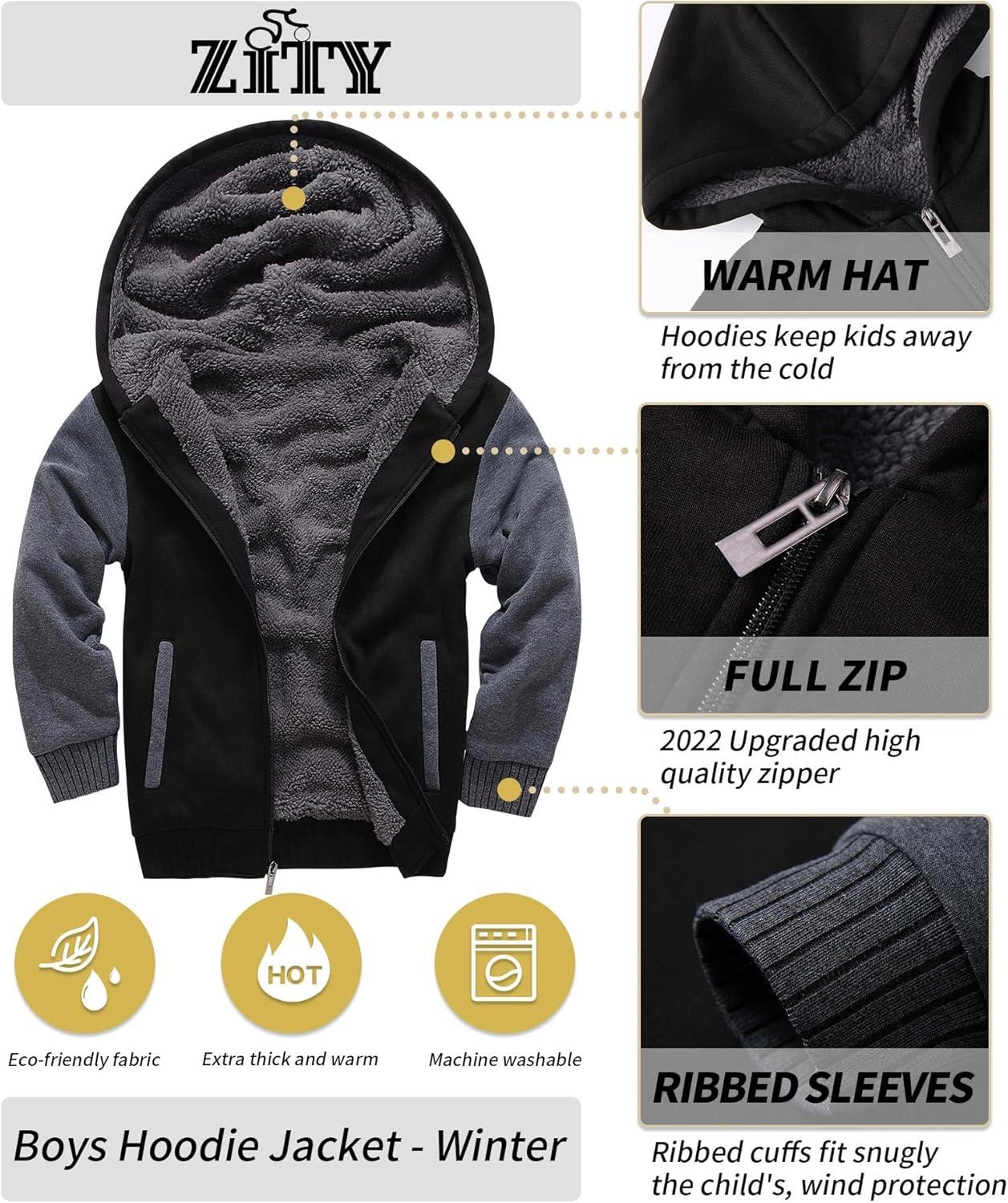 imageZITY Boys Zip Up Hoodie Fleece Jacket Kids Sherpa Lined Sweatshirts Outerwear Unisex Warm Winter Coat 615 Years OldDark Black Grey