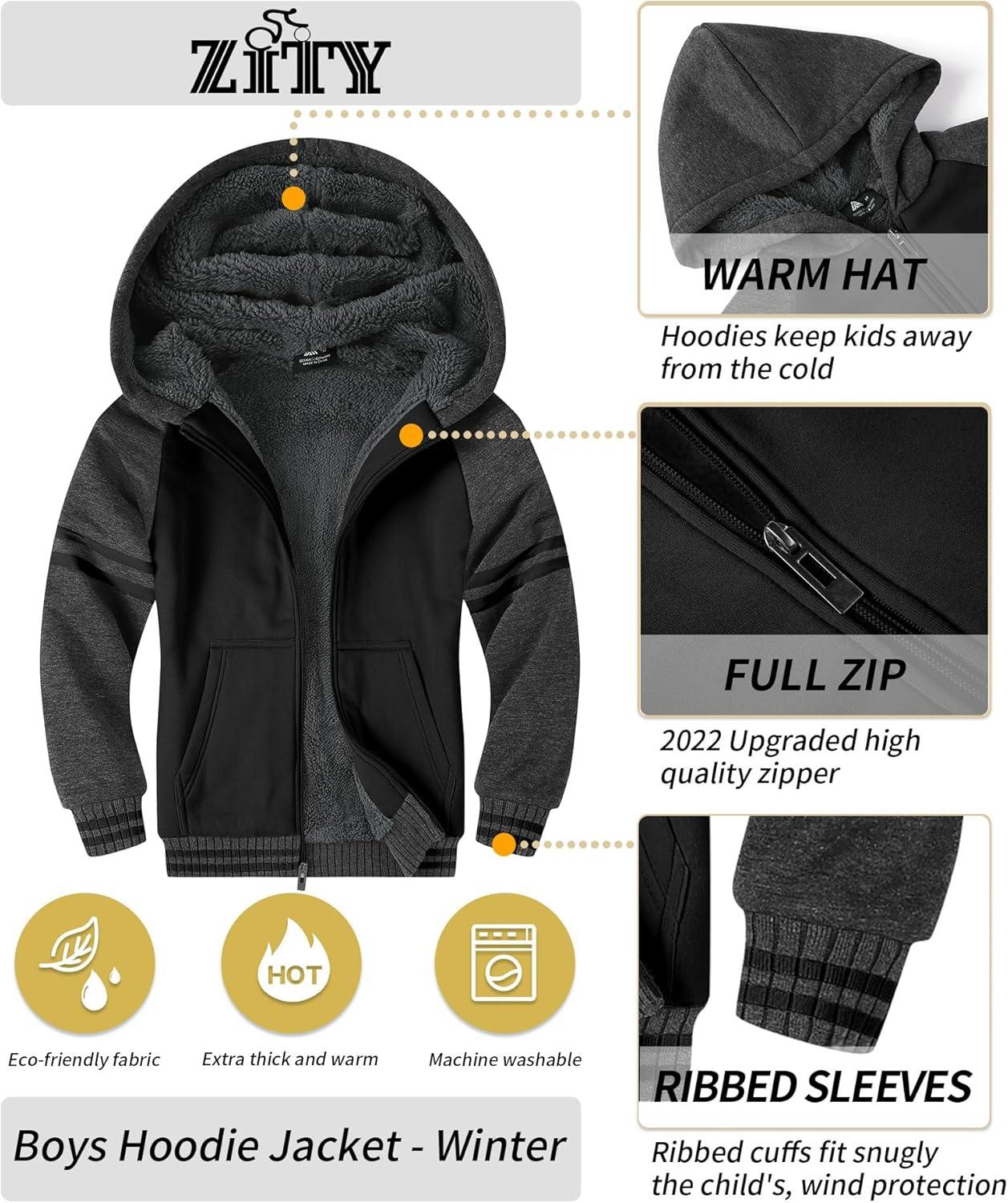 imageZITY Boys Zip Up Hoodie Fleece Jacket Kids Sherpa Lined Sweatshirts Outerwear Unisex Warm Winter Coat 615 Years OldDark Grey Black