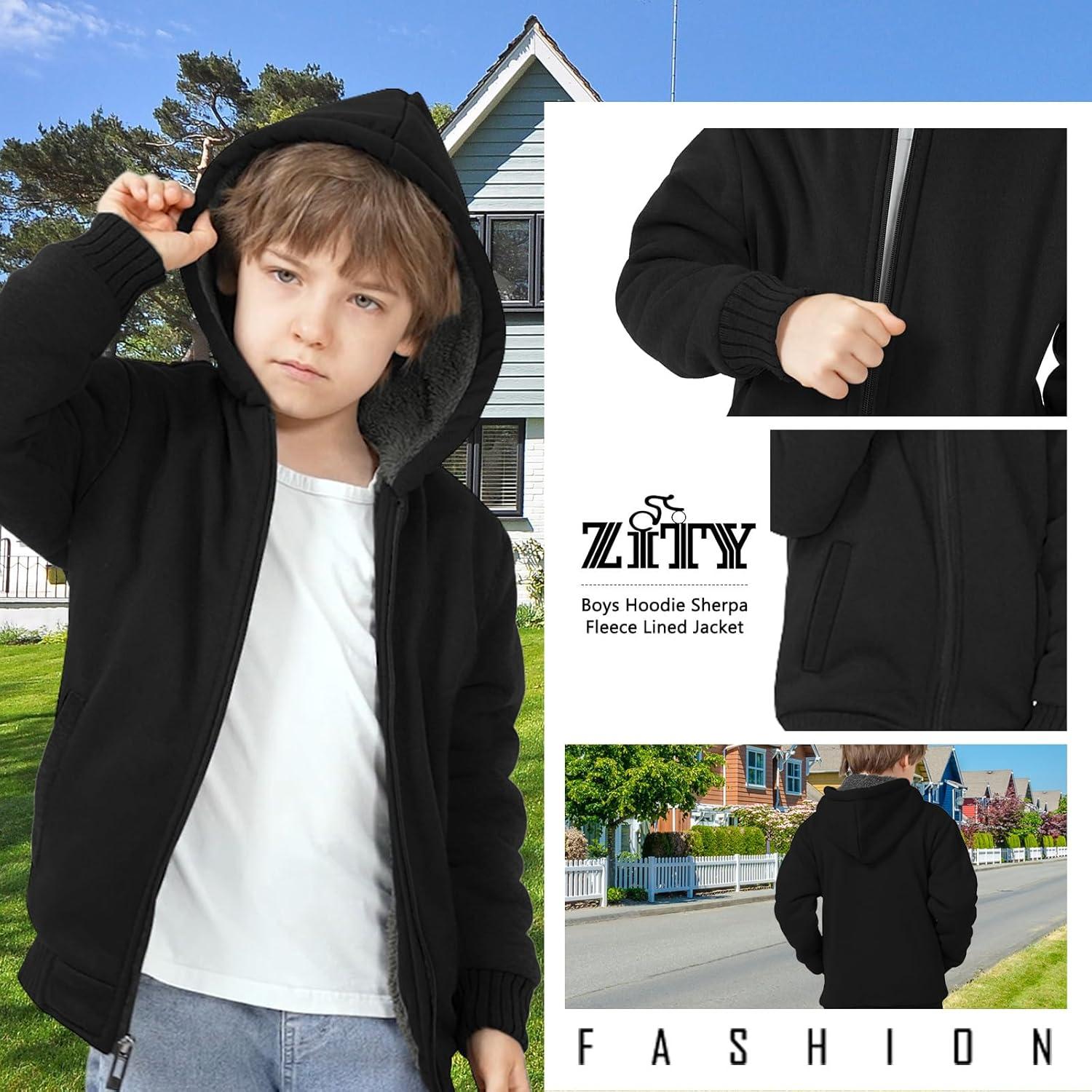 imageZITY Boys Zip Up Hoodie Fleece Jacket Kids Sherpa Lined Sweatshirts Outerwear Unisex Warm Winter Coat 615 Years OldDeep Black