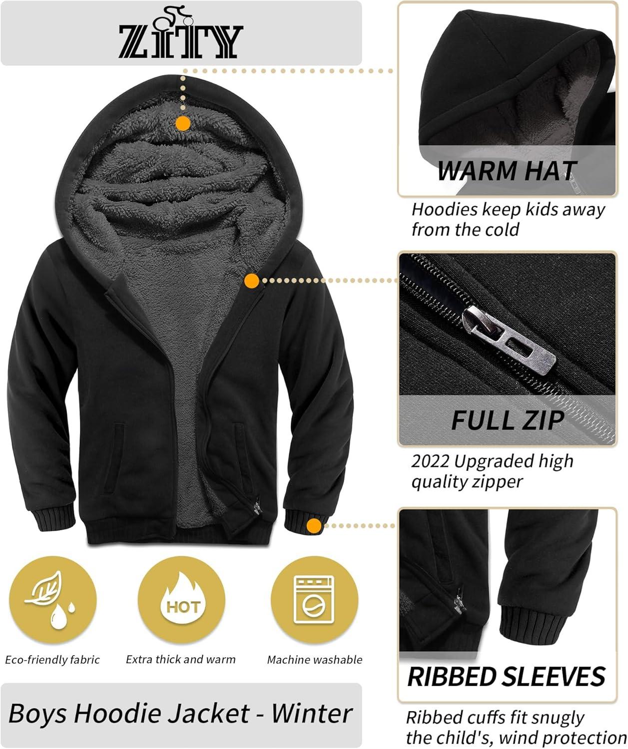 imageZITY Boys Zip Up Hoodie Fleece Jacket Kids Sherpa Lined Sweatshirts Outerwear Unisex Warm Winter Coat 615 Years OldDeep Black