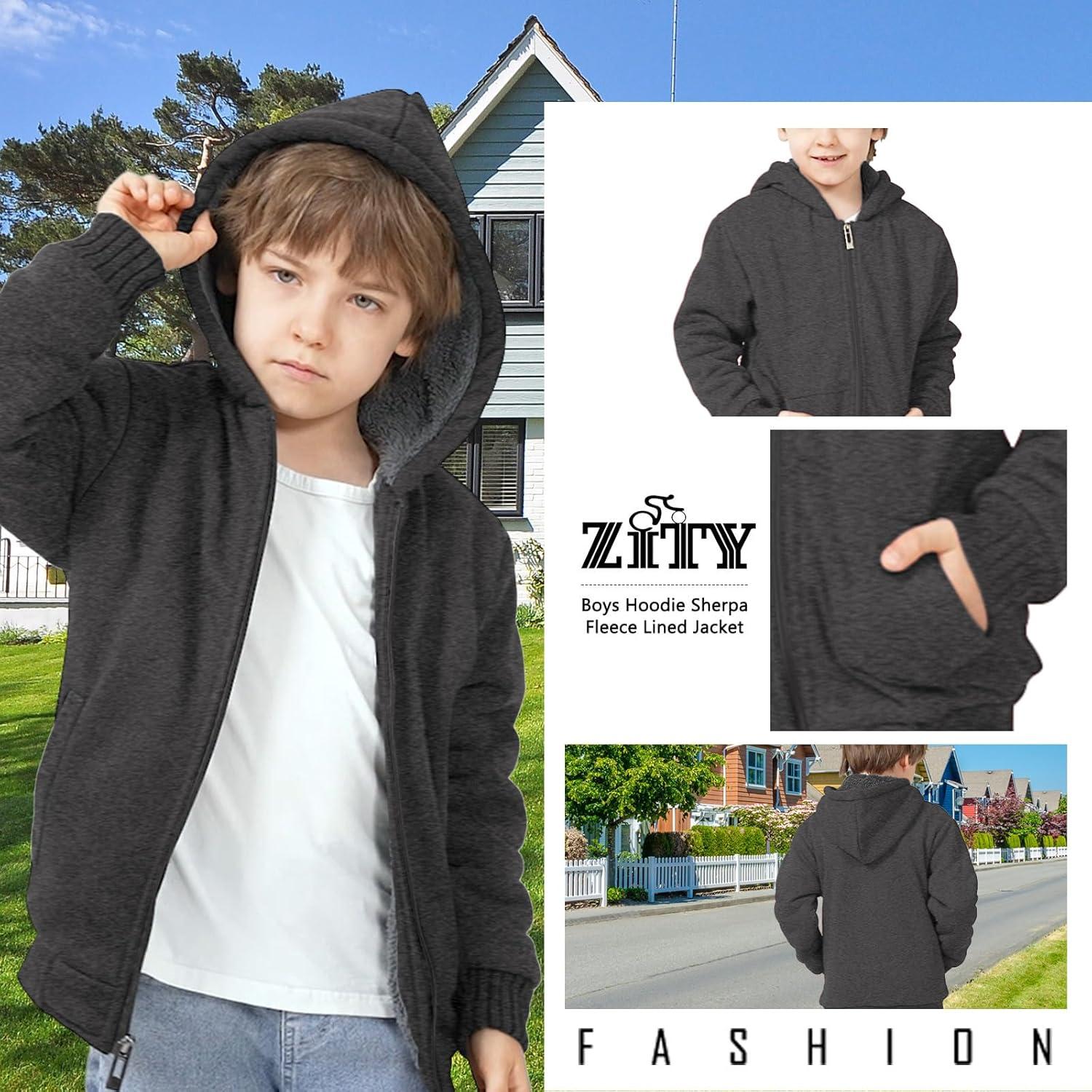 imageZITY Boys Zip Up Hoodie Fleece Jacket Kids Sherpa Lined Sweatshirts Outerwear Unisex Warm Winter Coat 615 Years OldDeep Grey
