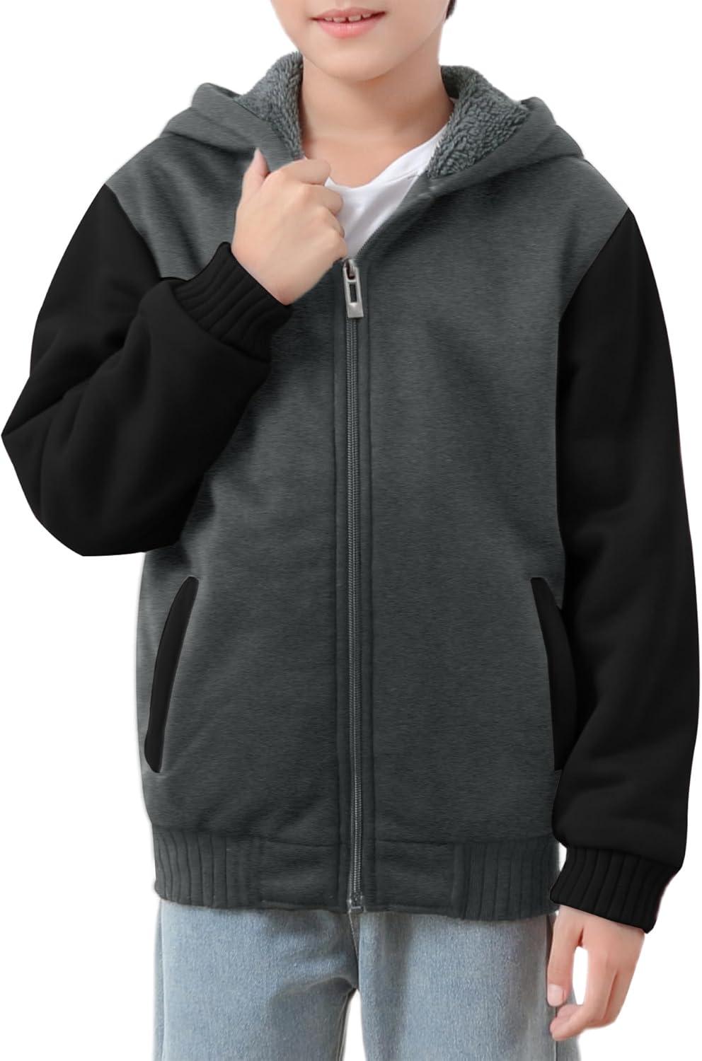 imageZITY Boys Zip Up Hoodie Fleece Jacket Kids Sherpa Lined Sweatshirts Outerwear Unisex Warm Winter Coat 615 Years OldGrey Black