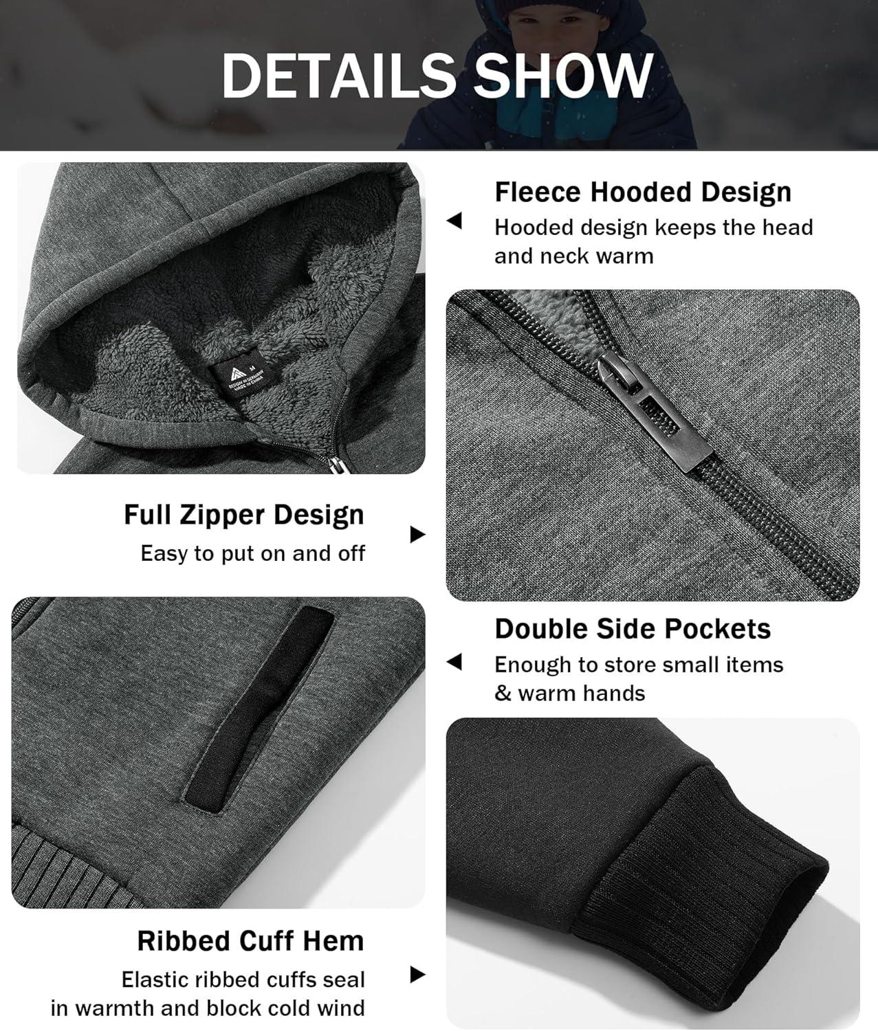 imageZITY Boys Zip Up Hoodie Fleece Jacket Kids Sherpa Lined Sweatshirts Outerwear Unisex Warm Winter Coat 615 Years OldGrey Black