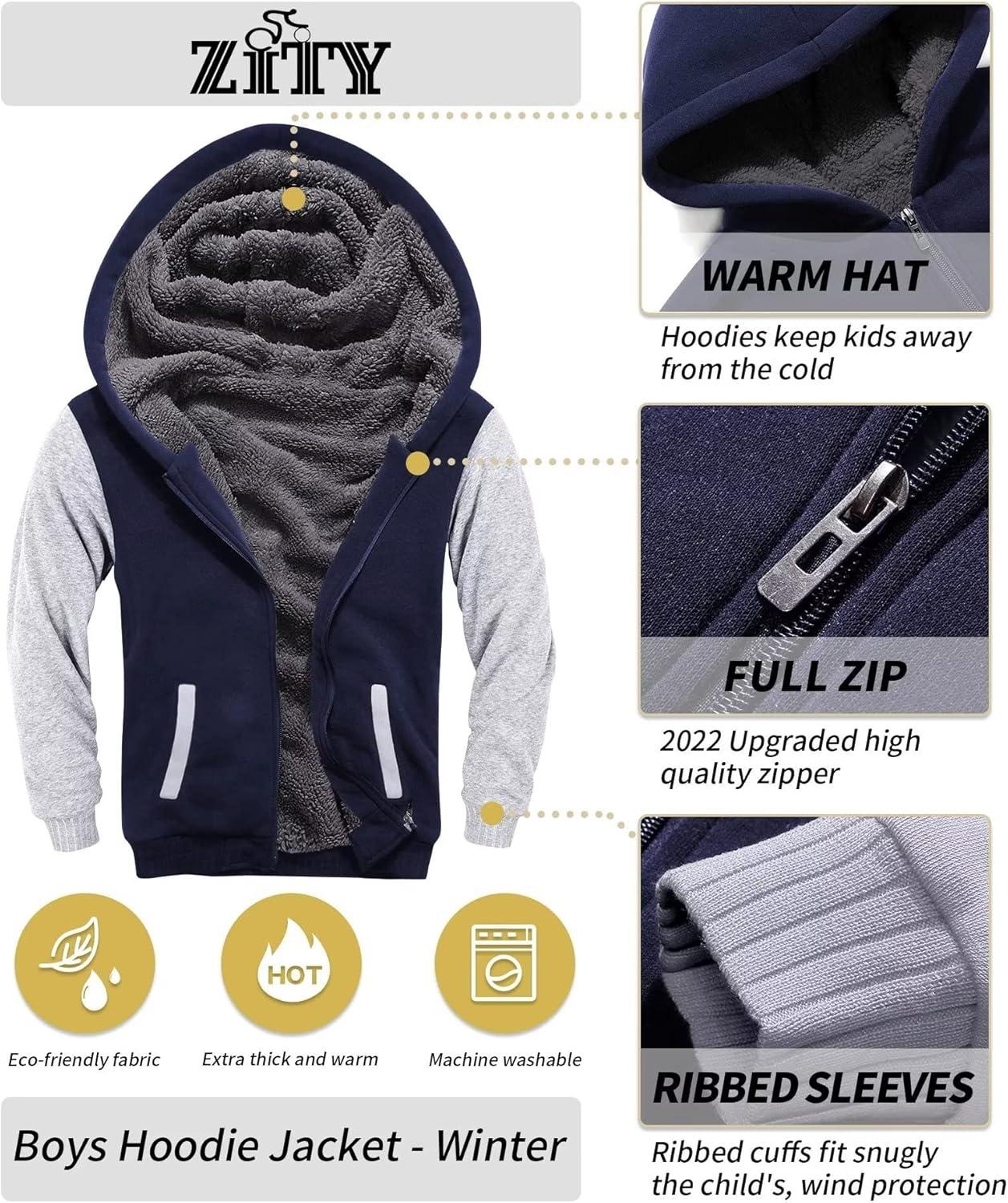 imageZITY Boys Zip Up Hoodie Fleece Jacket Kids Sherpa Lined Sweatshirts Outerwear Unisex Warm Winter Coat 615 Years OldNavy Grey