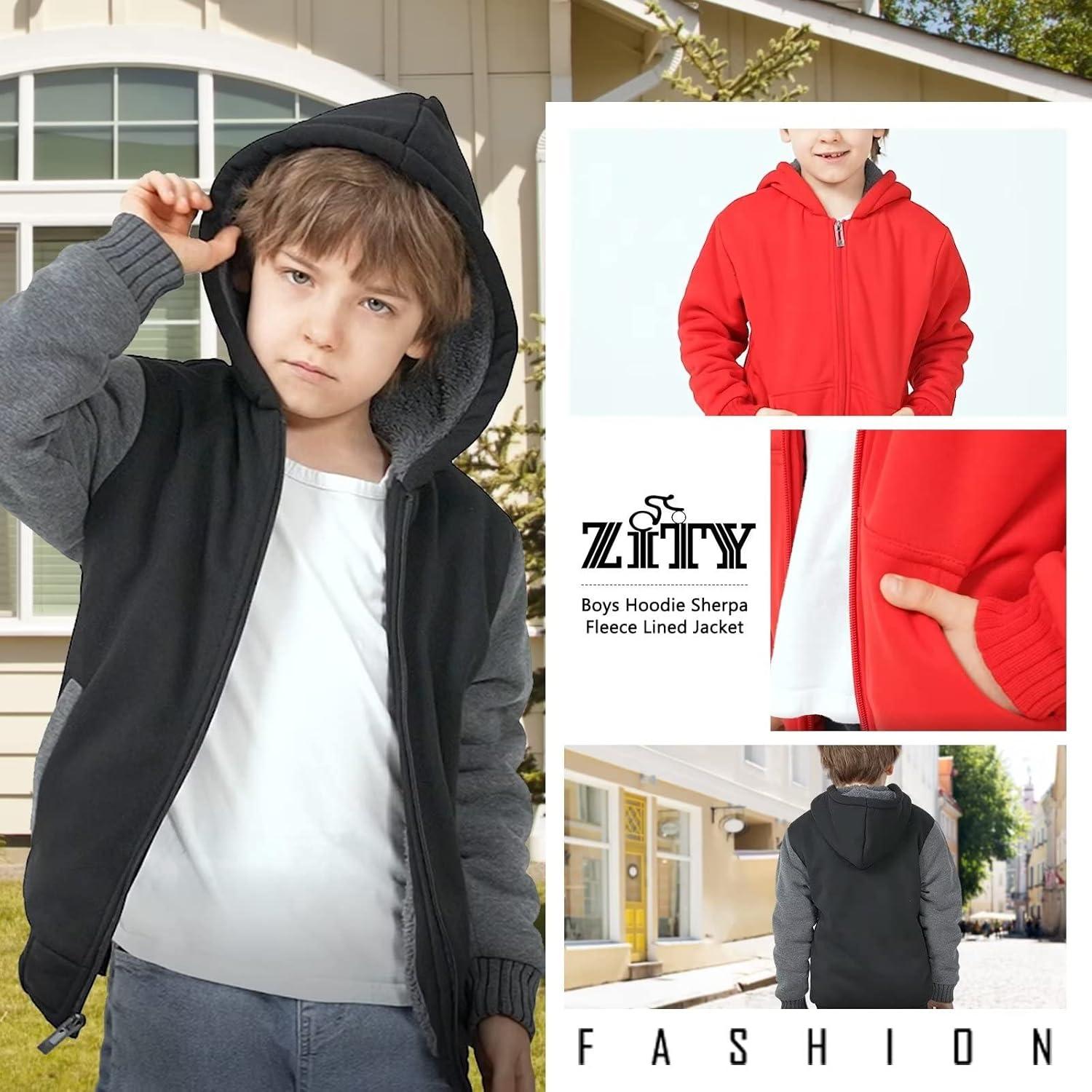 imageZITY Boys Zip Up Hoodie Fleece Jacket Kids Sherpa Lined Sweatshirts Outerwear Unisex Warm Winter Coat 615 Years OldNavy Grey