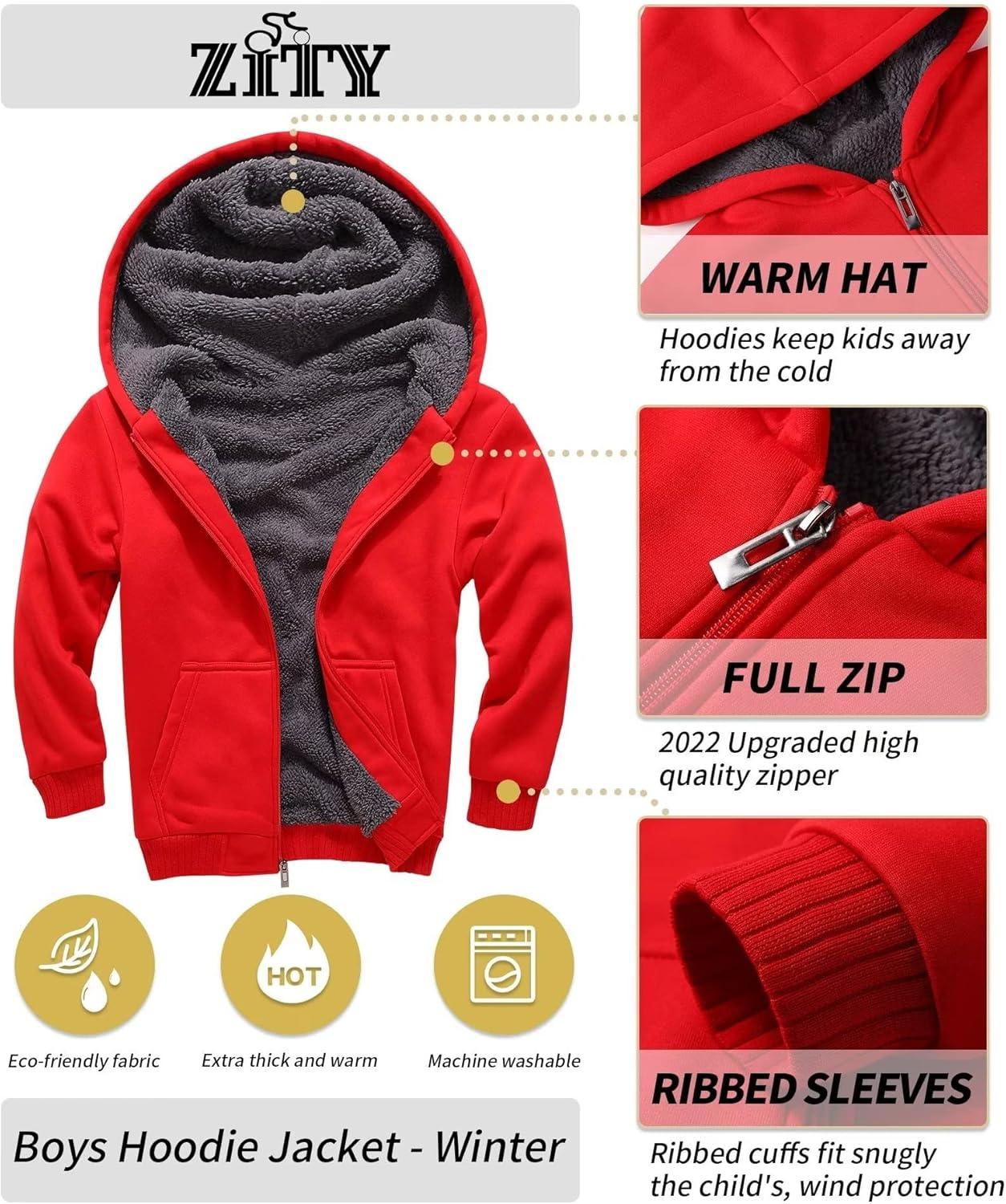 imageZITY Boys Zip Up Hoodie Fleece Jacket Kids Sherpa Lined Sweatshirts Outerwear Unisex Warm Winter Coat 615 Years OldRed