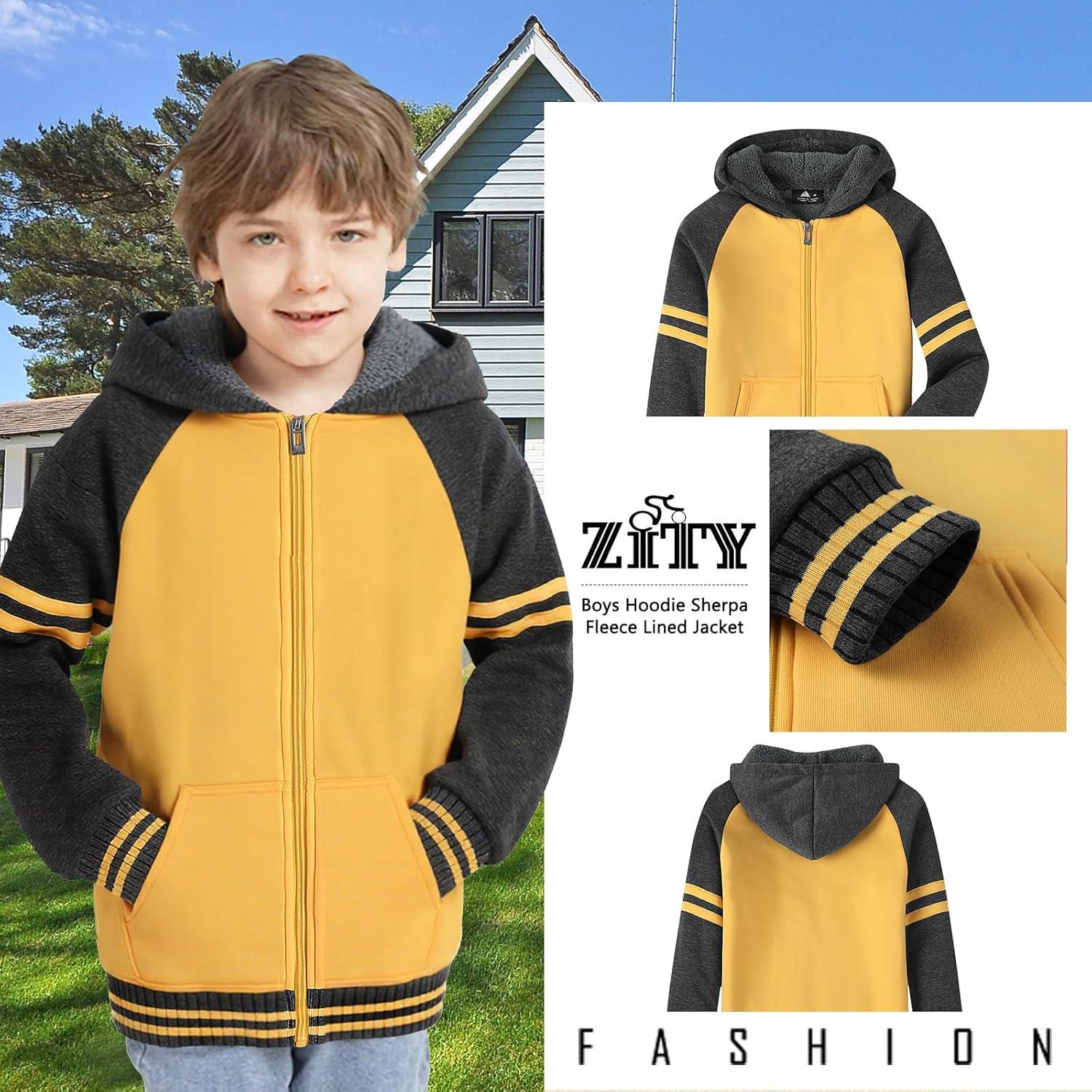 imageZITY Boys Zip Up Hoodie Fleece Jacket Kids Sherpa Lined Sweatshirts Outerwear Unisex Warm Winter Coat 615 Years OldYellow Grey