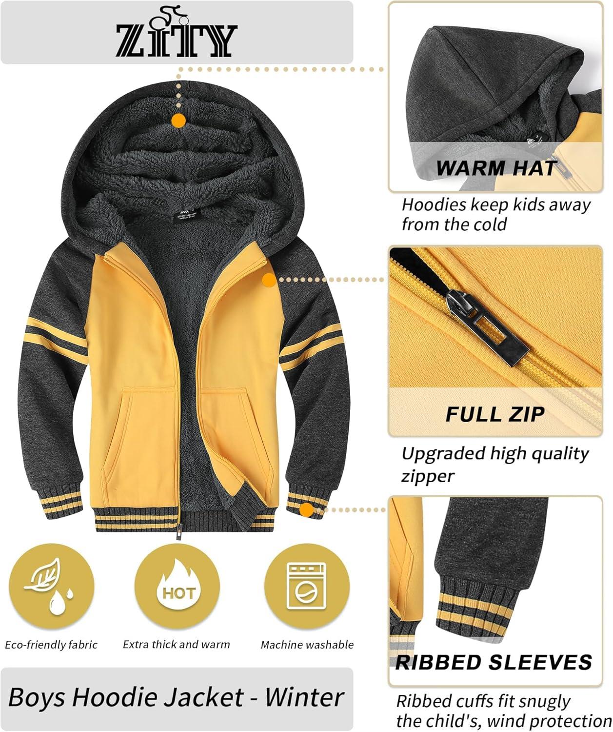 imageZITY Boys Zip Up Hoodie Fleece Jacket Kids Sherpa Lined Sweatshirts Outerwear Unisex Warm Winter Coat 615 Years OldYellow Grey