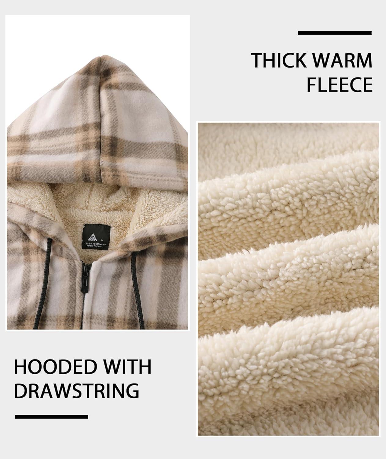 imageZITY Heavy Thick Hoodies for Men Plaid Flannel Warm Sherpa Fleece Lined Winter Full Zip Up CoatBeige