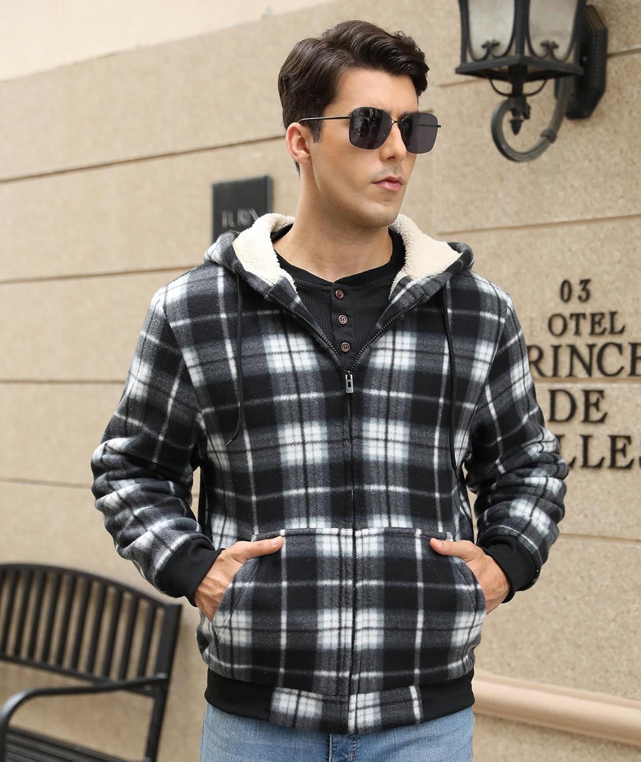 imageZITY Heavy Thick Hoodies for Men Plaid Flannel Warm Sherpa Fleece Lined Winter Full Zip Up CoatBlack