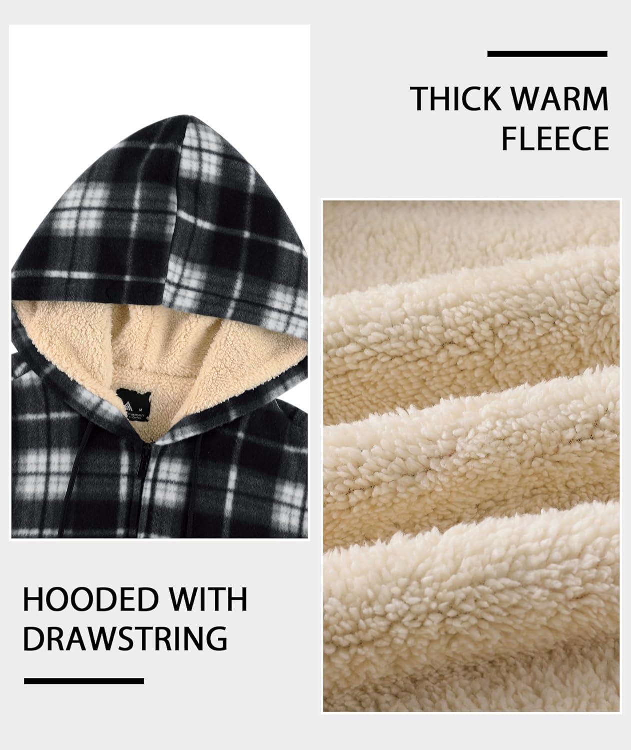 imageZITY Heavy Thick Hoodies for Men Plaid Flannel Warm Sherpa Fleece Lined Winter Full Zip Up CoatBlack