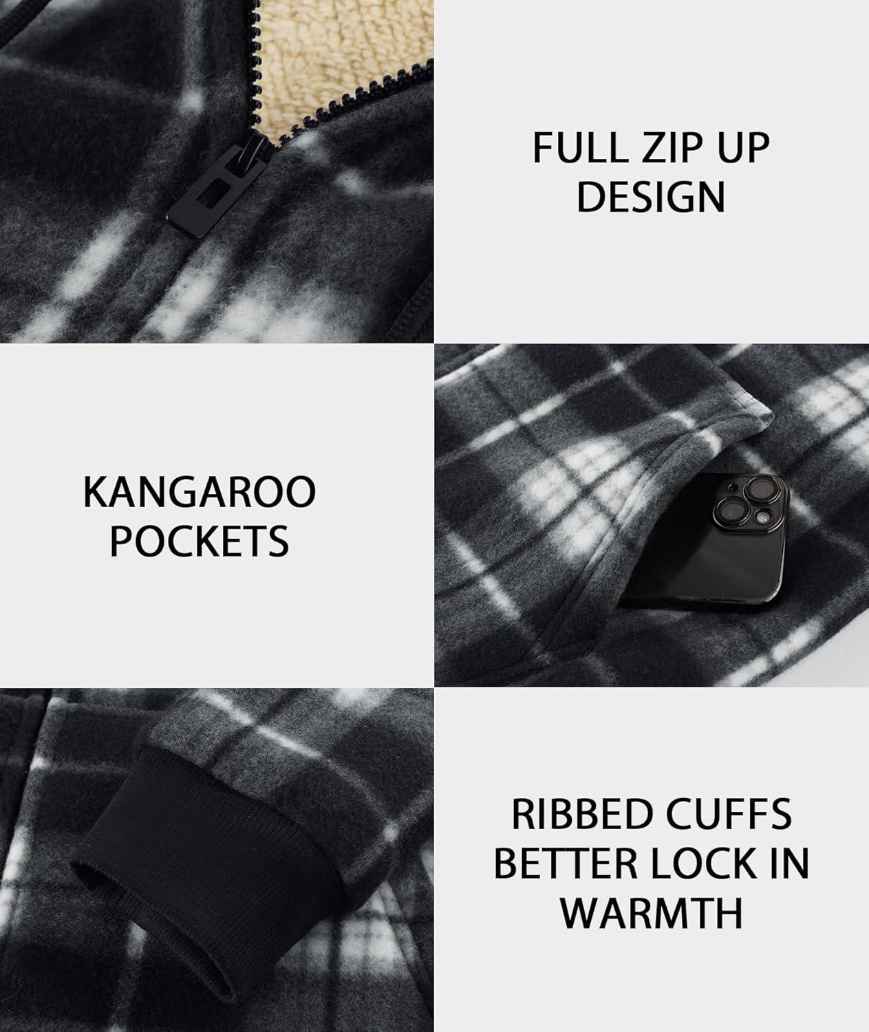 imageZITY Heavy Thick Hoodies for Men Plaid Flannel Warm Sherpa Fleece Lined Winter Full Zip Up CoatBlack