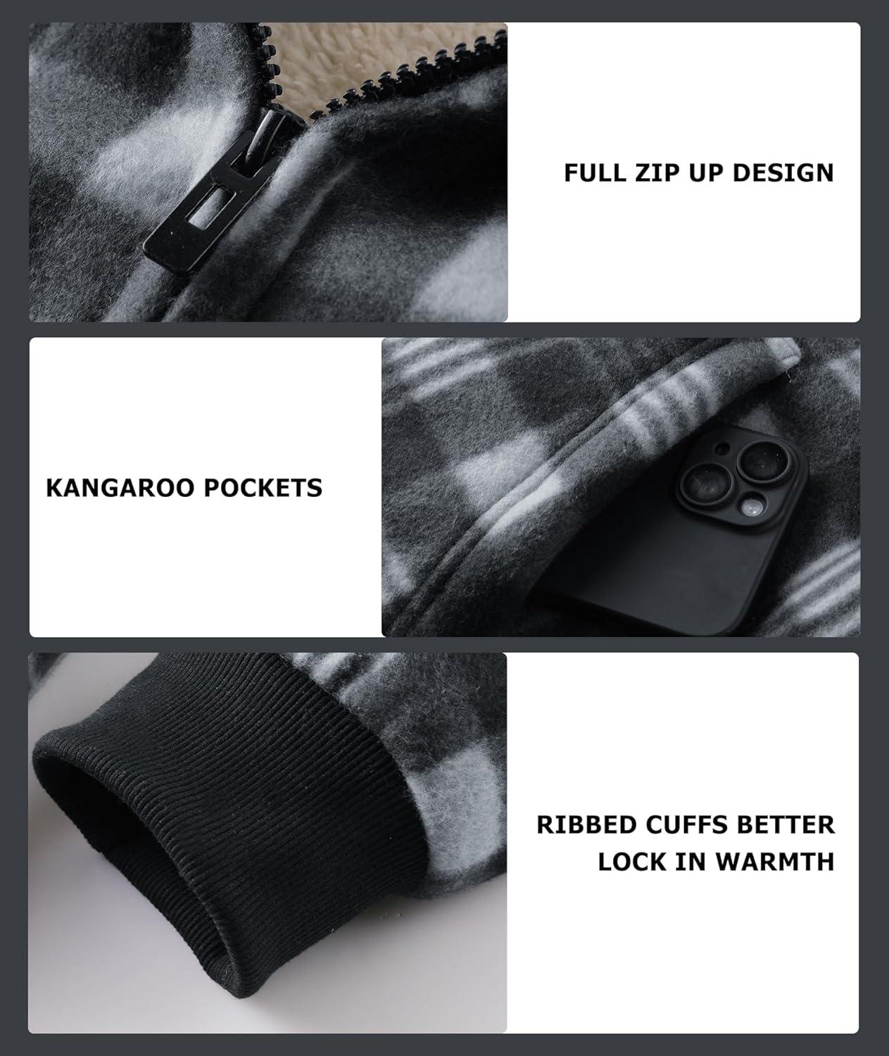 imageZITY Heavy Thick Hoodies for Men Plaid Flannel Warm Sherpa Fleece Lined Winter Full Zip Up CoatBlack Gray