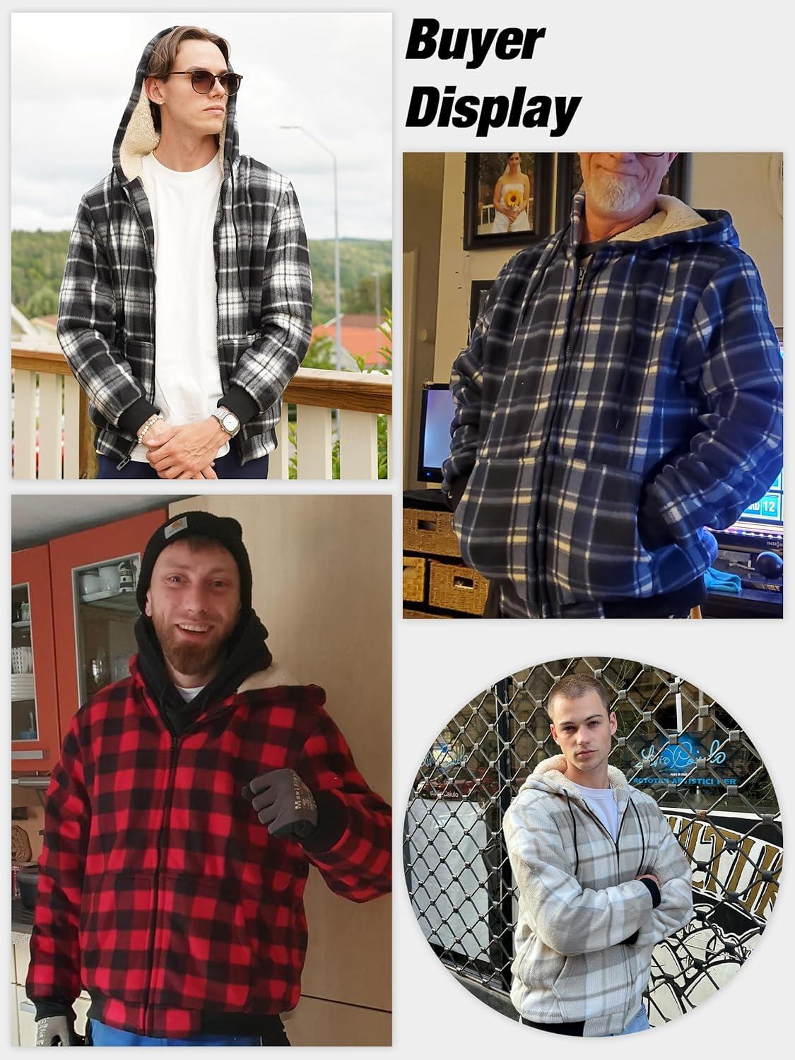 imageZITY Heavy Thick Hoodies for Men Plaid Flannel Warm Sherpa Fleece Lined Winter Full Zip Up CoatBlack Gray