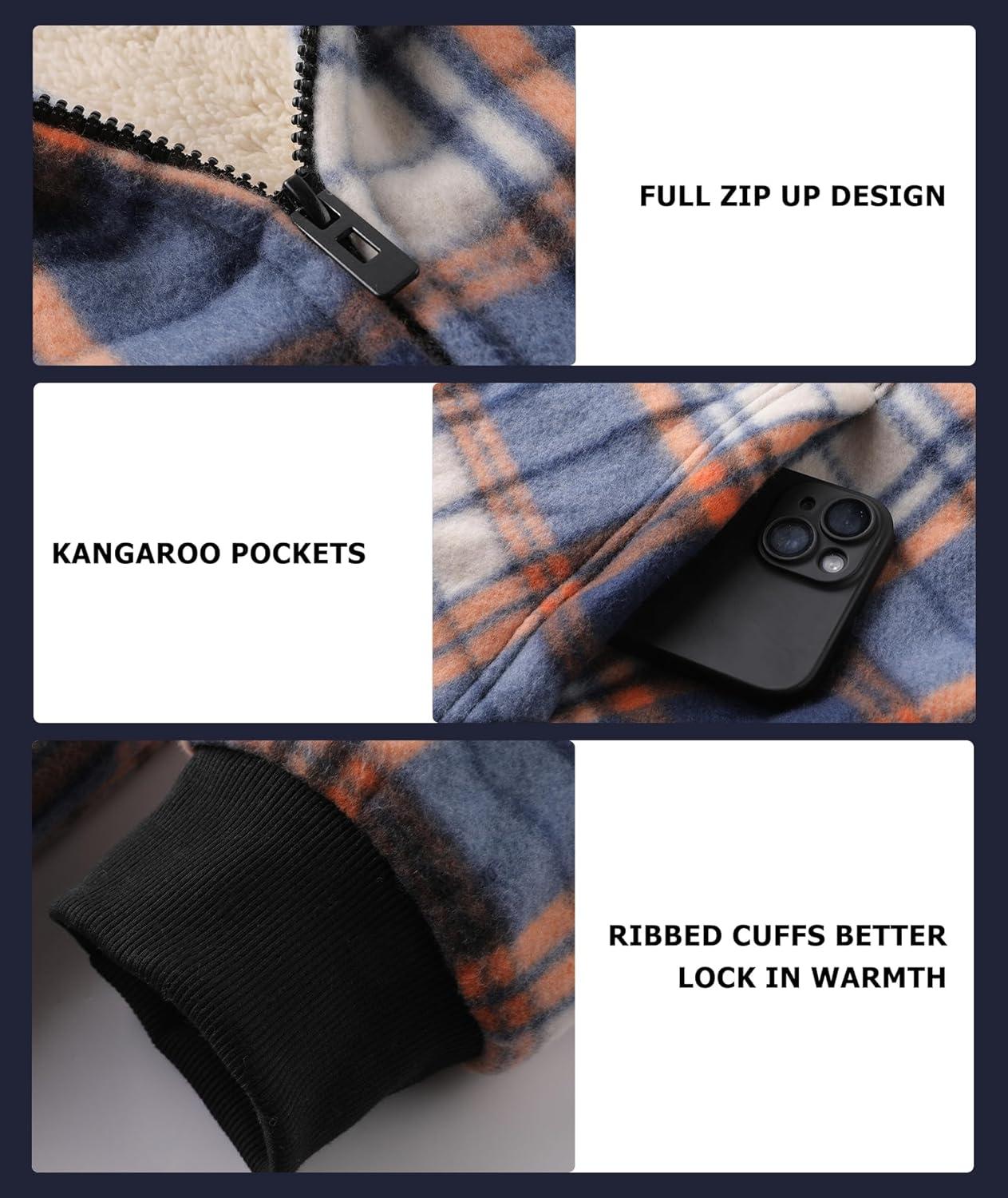 imageZITY Heavy Thick Hoodies for Men Plaid Flannel Warm Sherpa Fleece Lined Winter Full Zip Up CoatBlue Orange