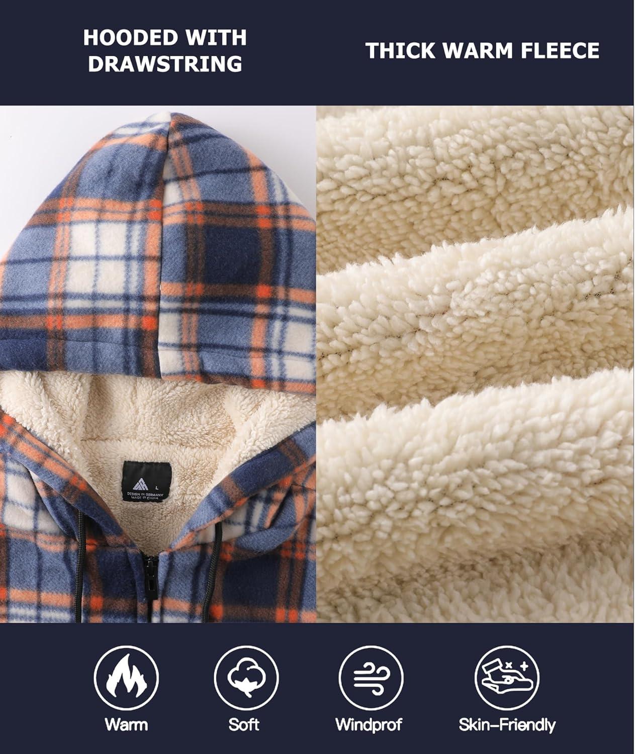imageZITY Heavy Thick Hoodies for Men Plaid Flannel Warm Sherpa Fleece Lined Winter Full Zip Up CoatBlue Orange