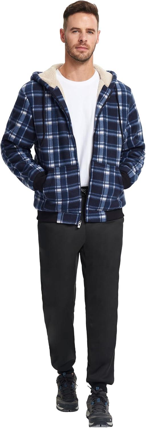 imageZITY Heavy Thick Hoodies for Men Plaid Flannel Warm Sherpa Fleece Lined Winter Full Zip Up CoatDark Blue