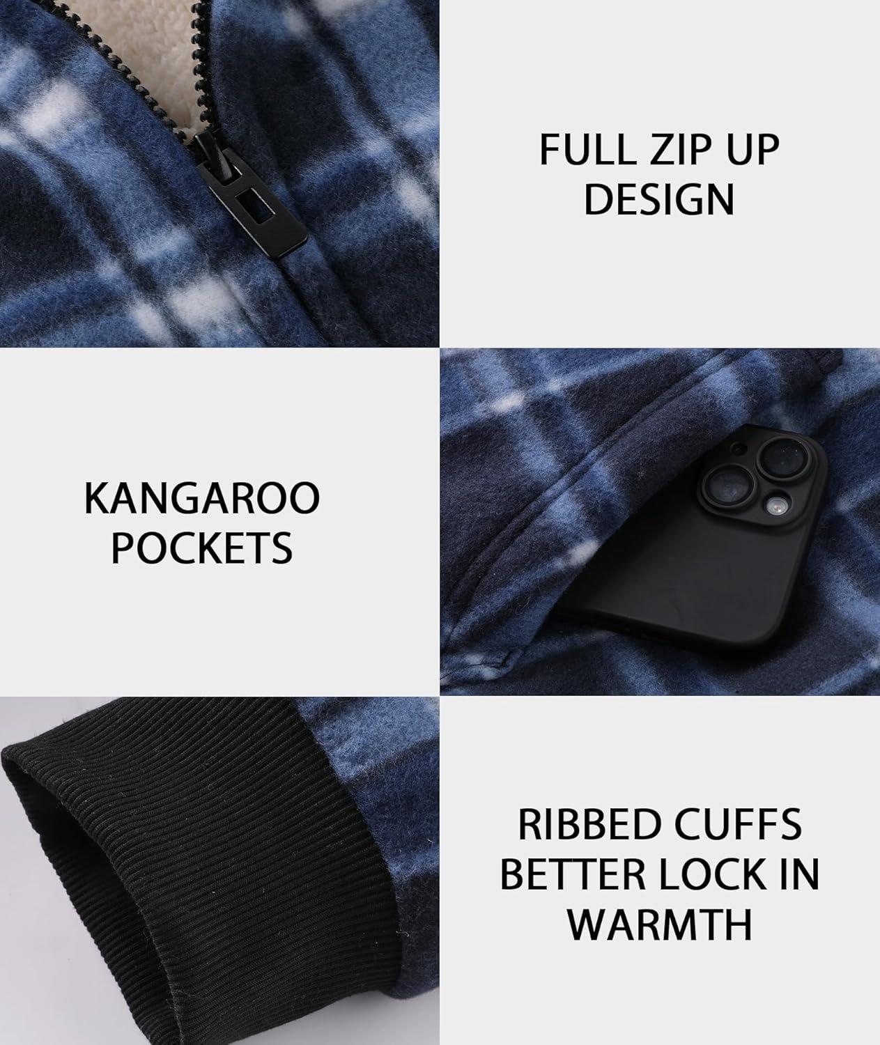 imageZITY Heavy Thick Hoodies for Men Plaid Flannel Warm Sherpa Fleece Lined Winter Full Zip Up CoatDark Blue