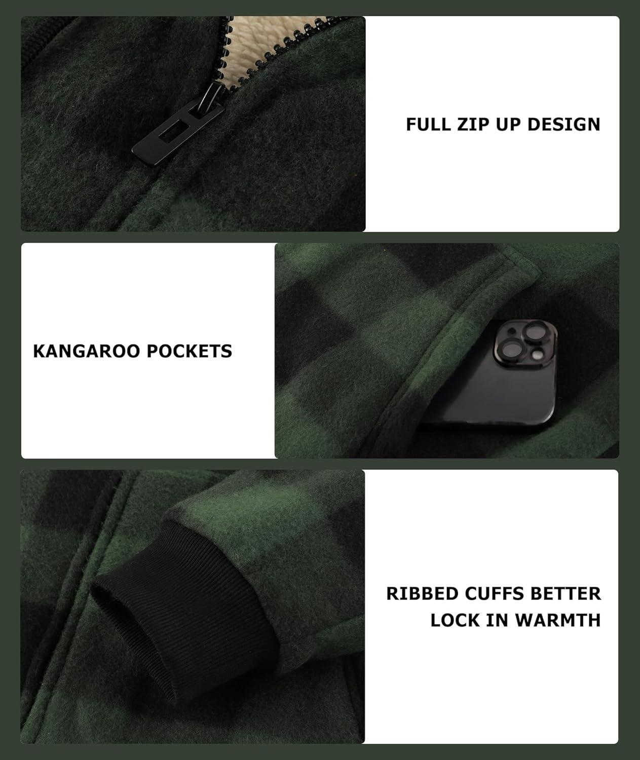 imageZITY Heavy Thick Hoodies for Men Plaid Flannel Warm Sherpa Fleece Lined Winter Full Zip Up CoatDark Green