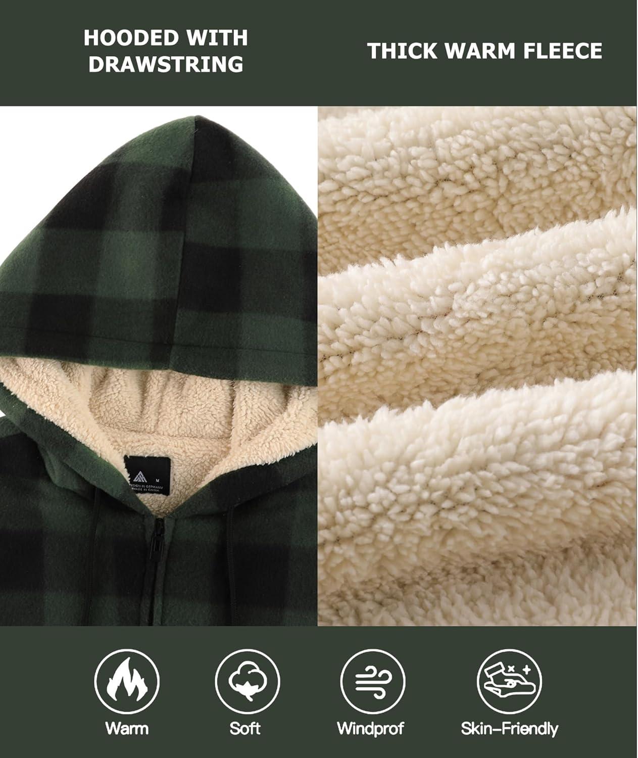 imageZITY Heavy Thick Hoodies for Men Plaid Flannel Warm Sherpa Fleece Lined Winter Full Zip Up CoatDark Green