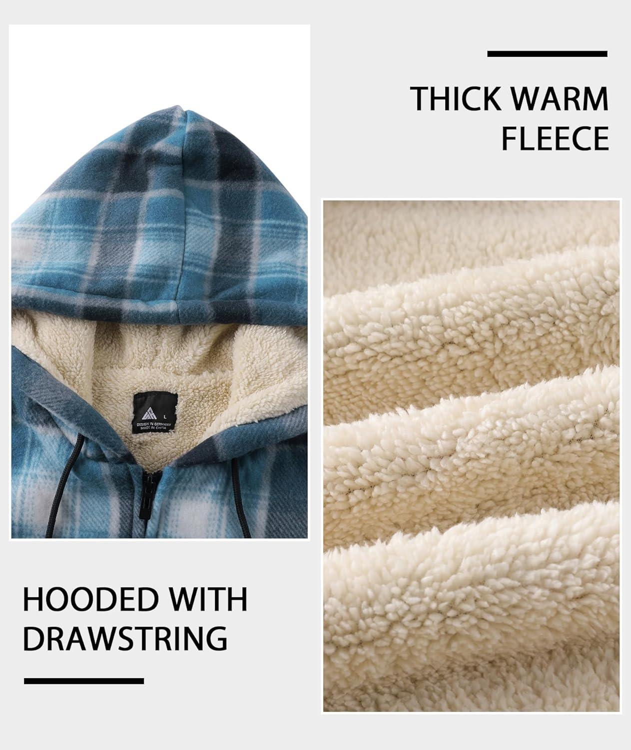 imageZITY Heavy Thick Hoodies for Men Plaid Flannel Warm Sherpa Fleece Lined Winter Full Zip Up CoatLight Blue White